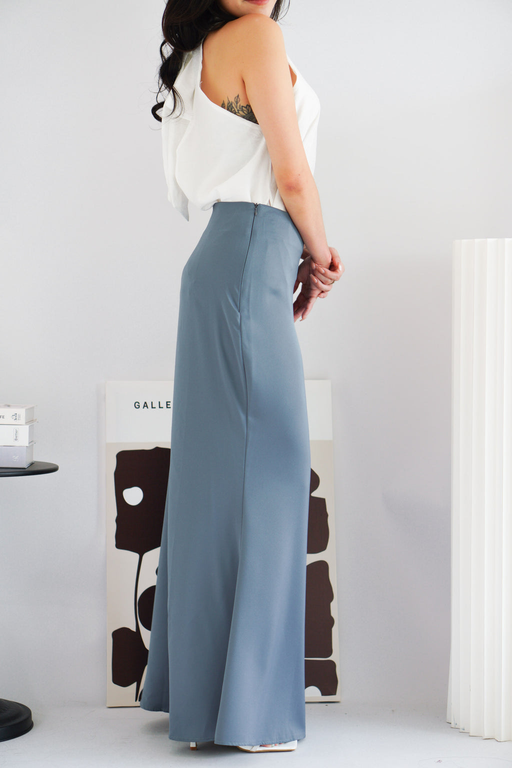 Cira Satin Maxi Skirt in Dark Blue