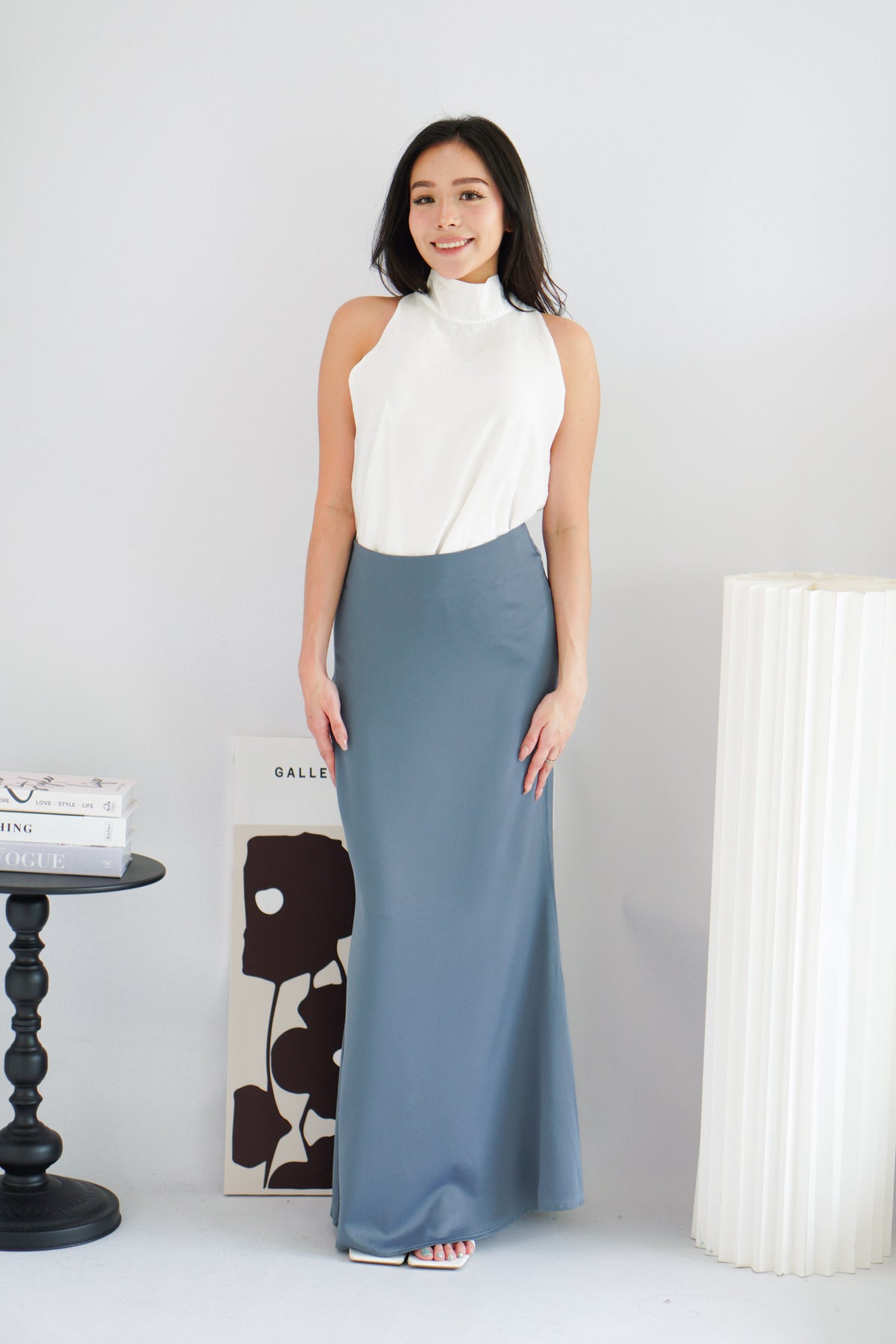 Cira Satin Maxi Skirt in Dark Blue