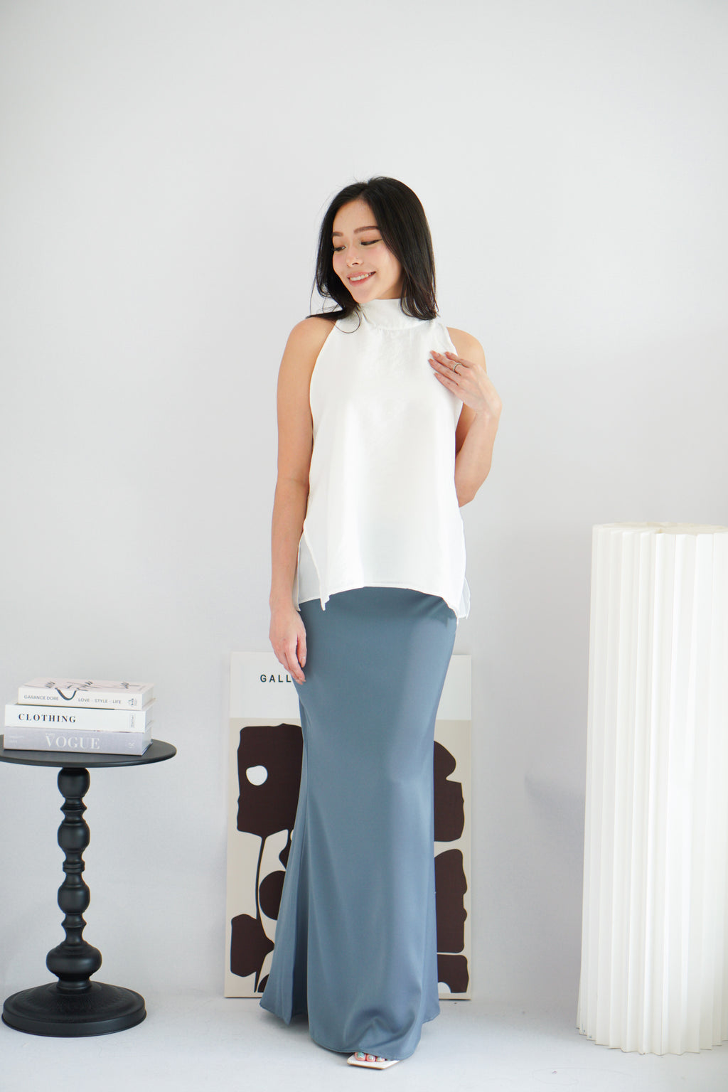 Cira Satin Maxi Skirt in Dark Blue