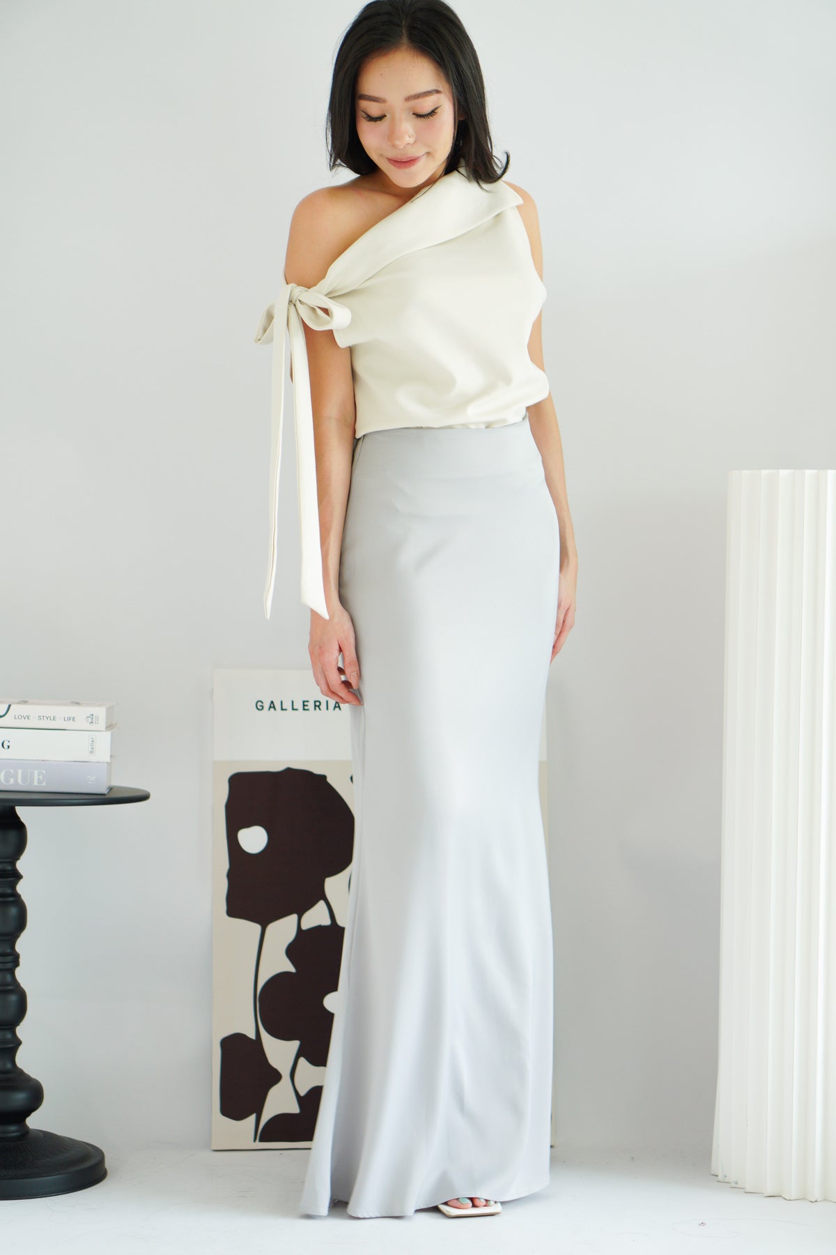 Cira Satin Maxi Skirt in Silver Grey