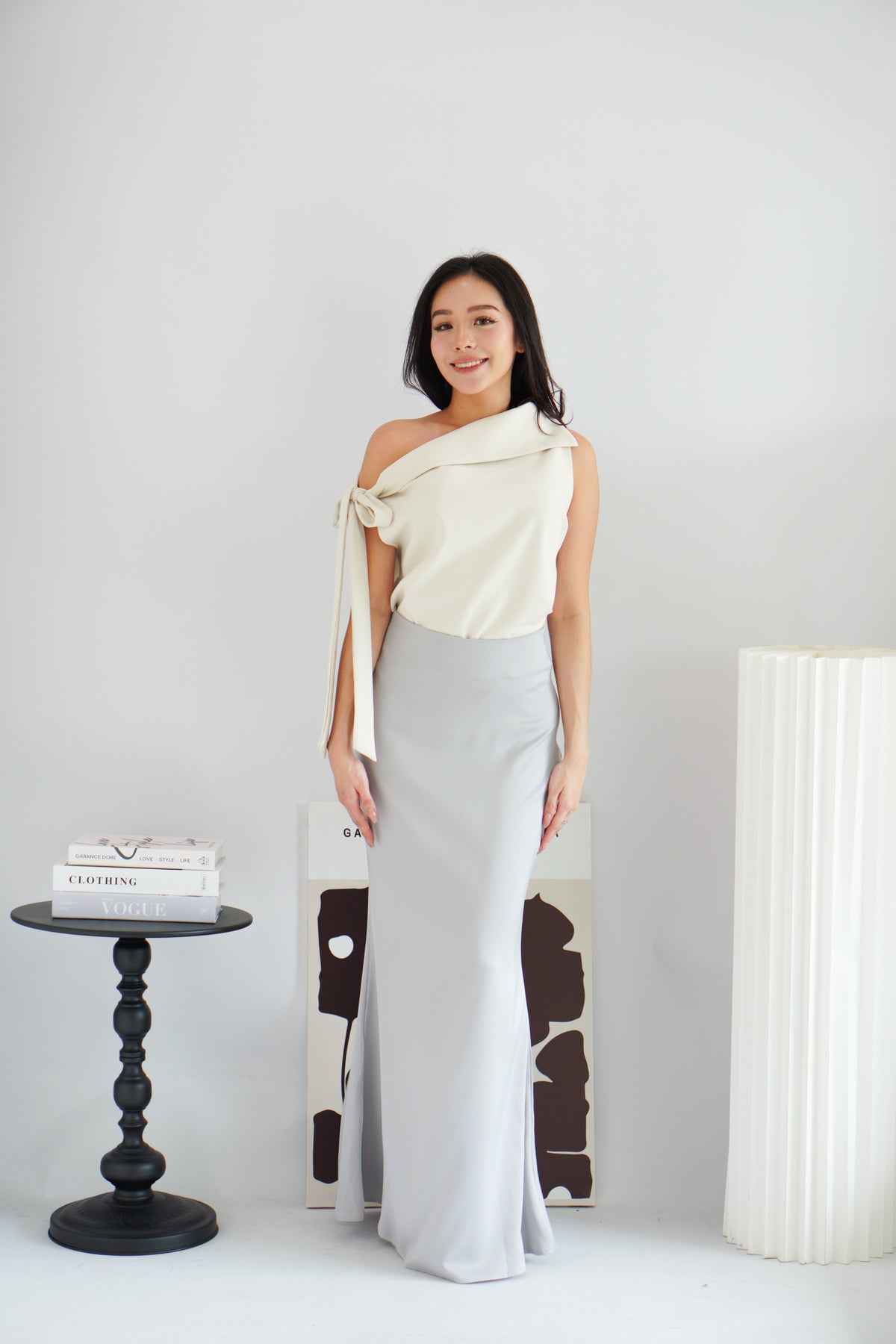Cira Satin Maxi Skirt in Silver Grey
