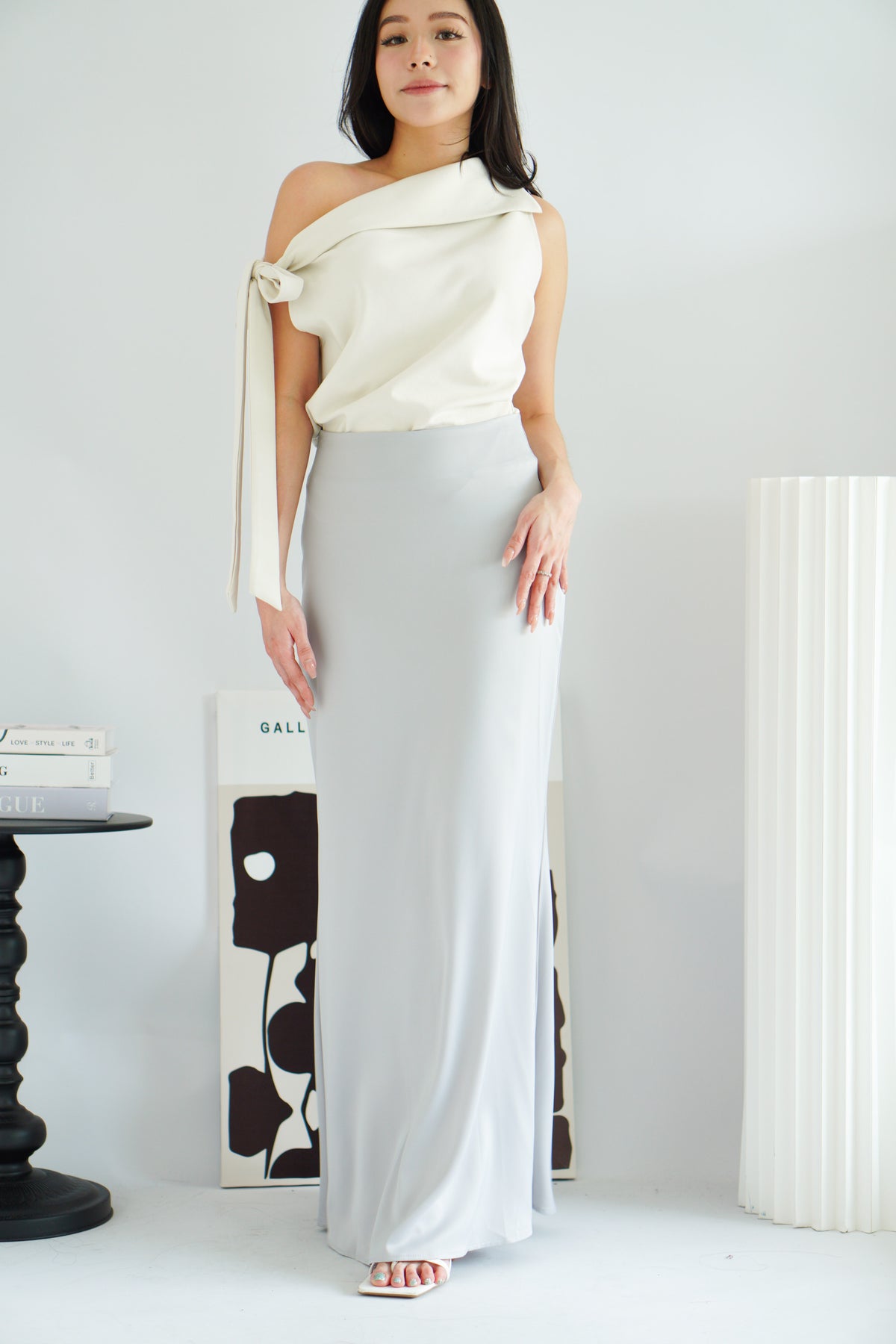 Cira Satin Maxi Skirt in Silver Grey