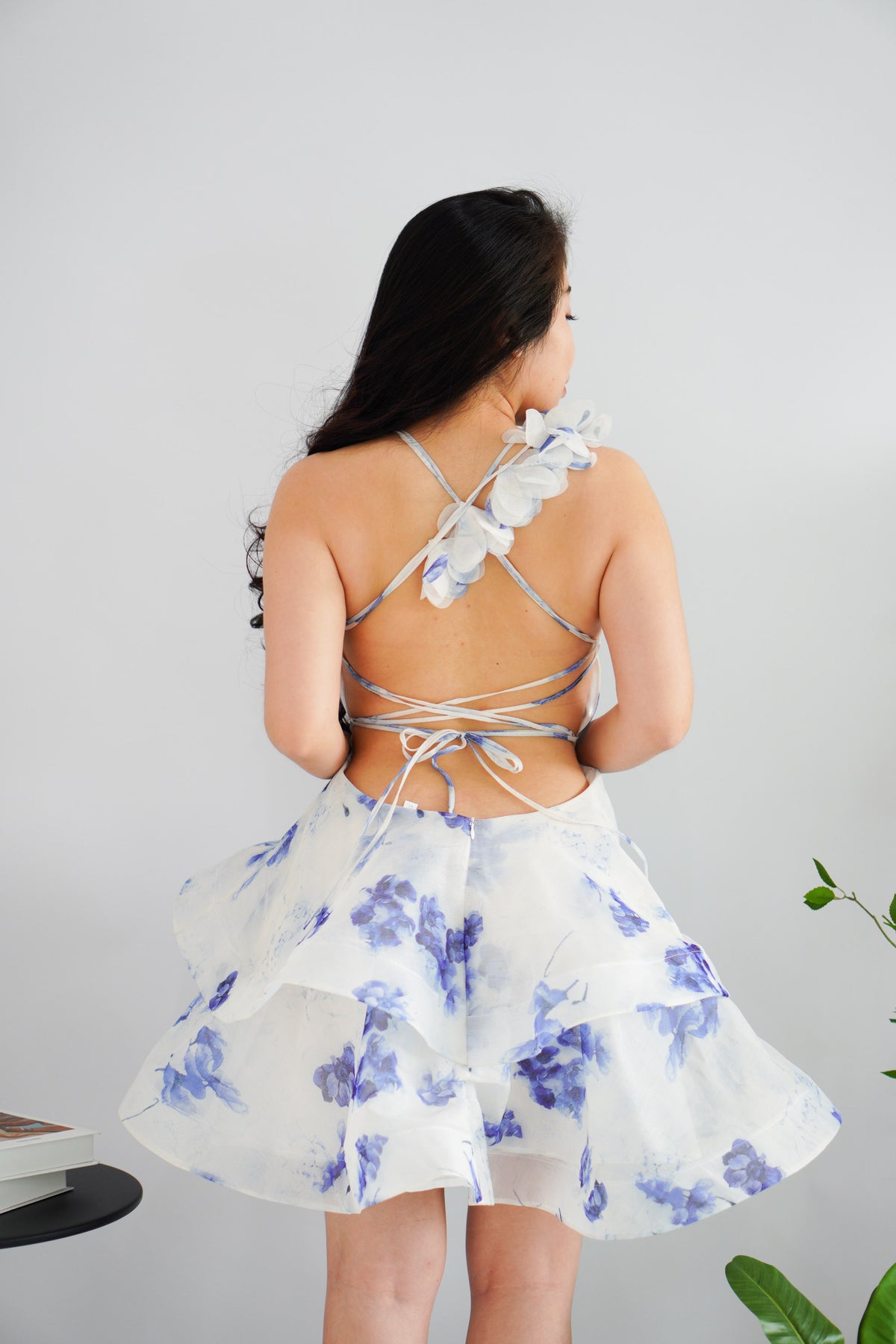 Blosselle Floral Ruffles Layered Crossback Dress in Blue