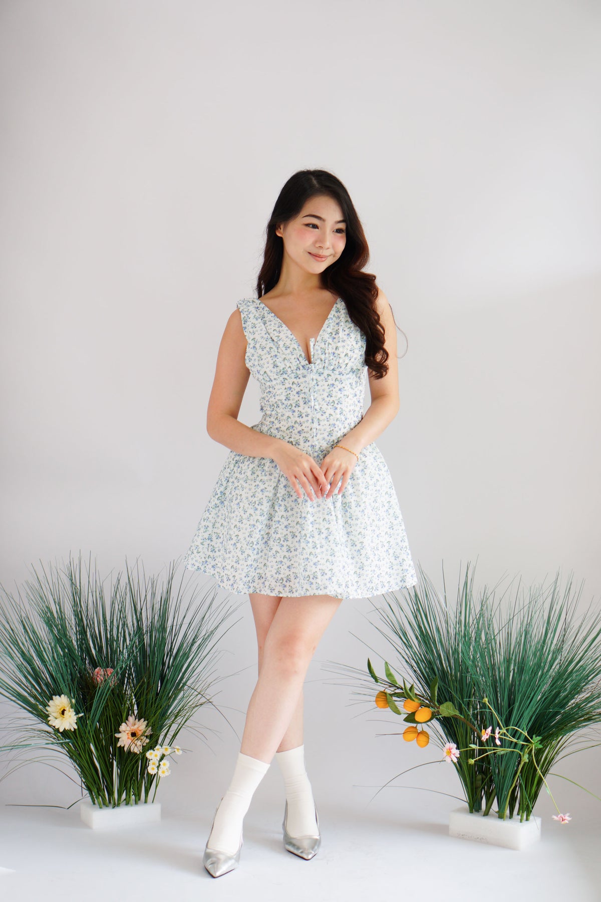 Aeriselle Floral V Neck Corset Mini Dress in Blue