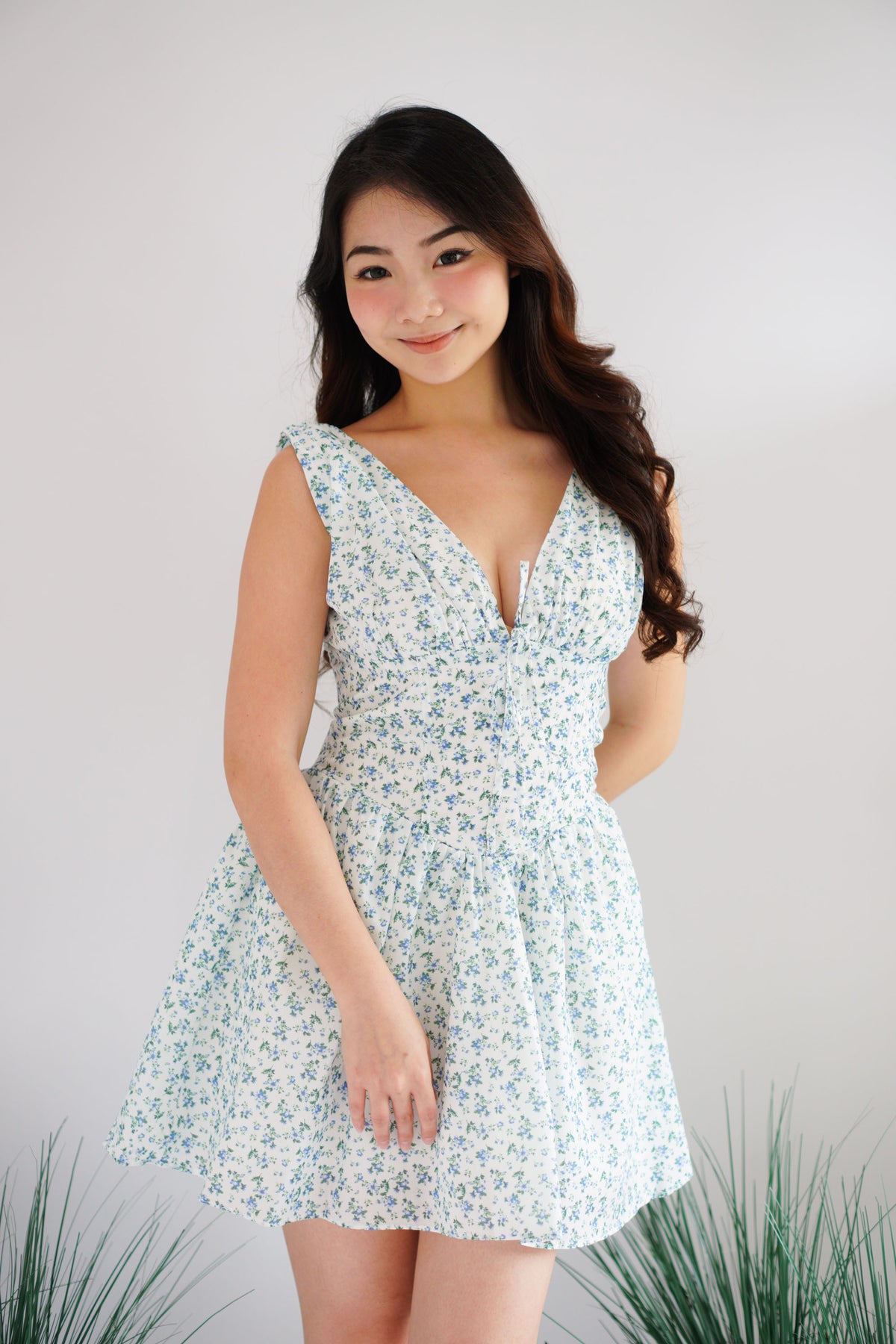 Aeriselle Floral V Neck Corset Mini Dress in Blue