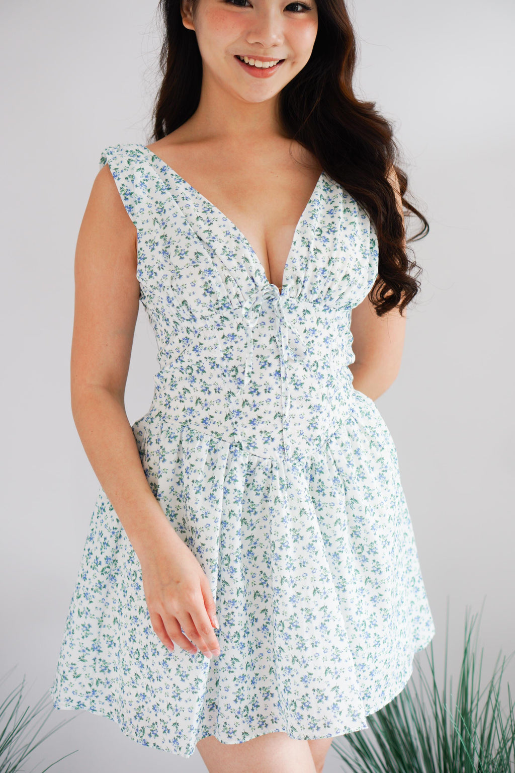 Aeriselle Floral V Neck Corset Mini Dress in Blue