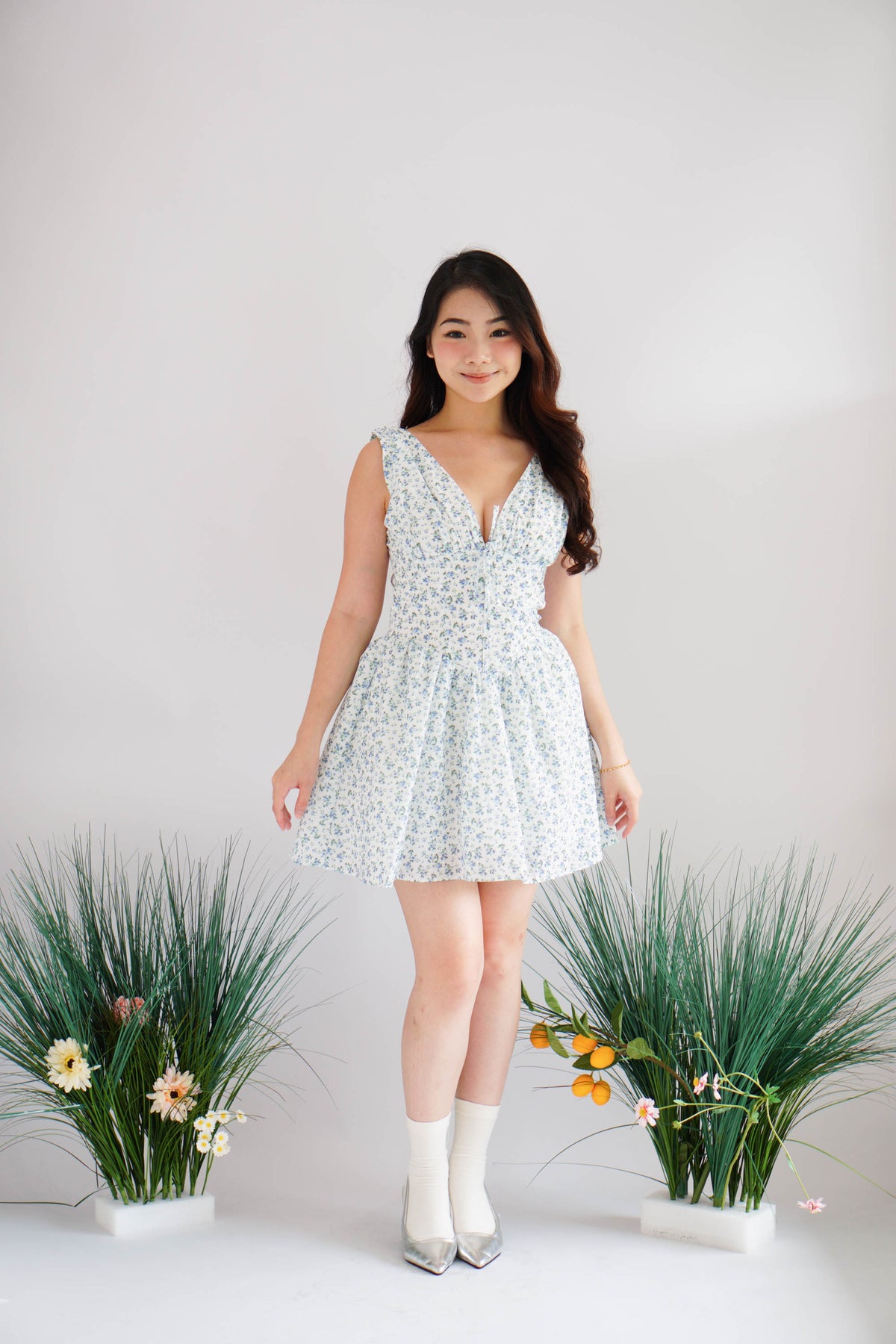 Aeriselle Floral V Neck Corset Mini Dress in Blue