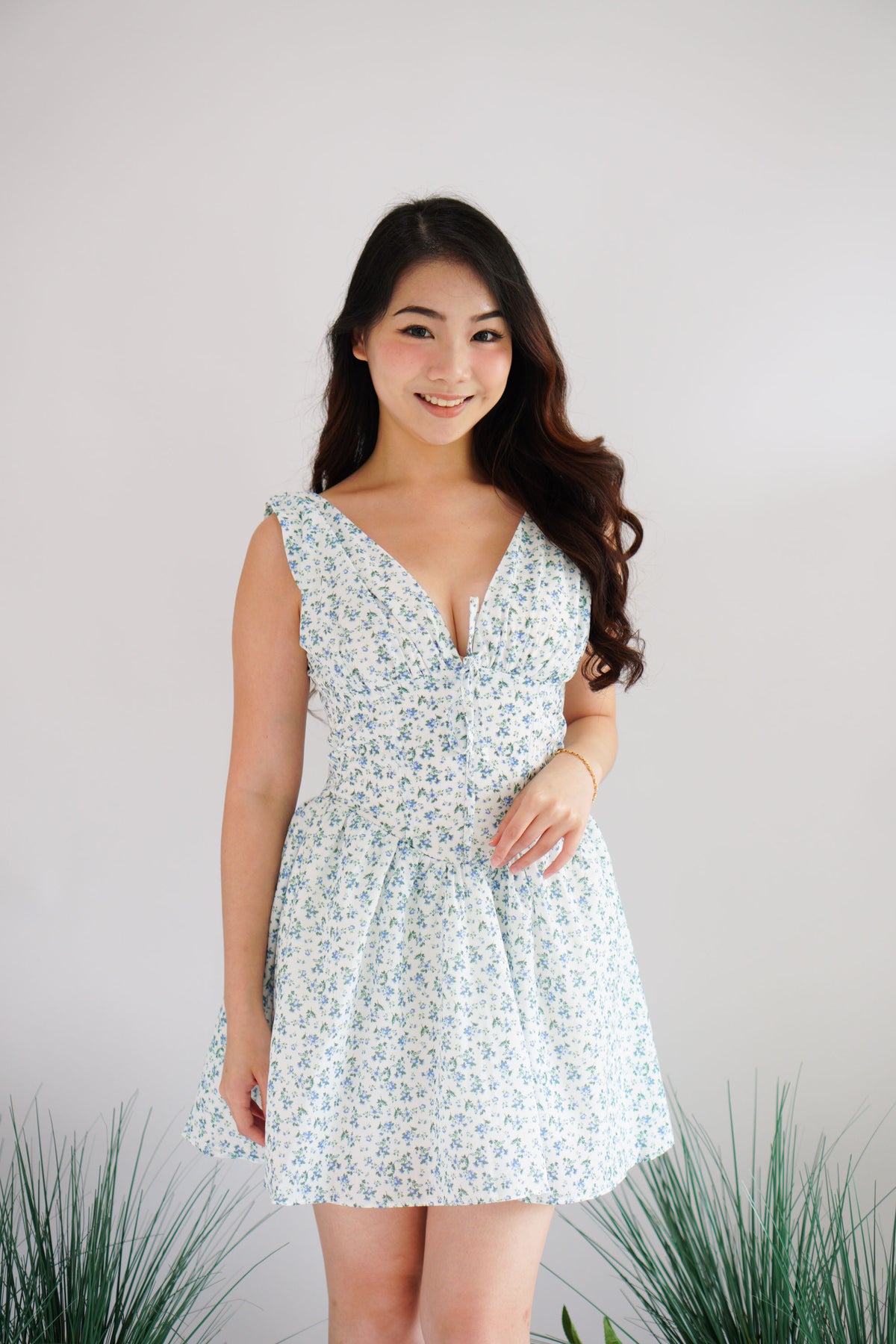 Aeriselle Floral V Neck Corset Mini Dress in Blue