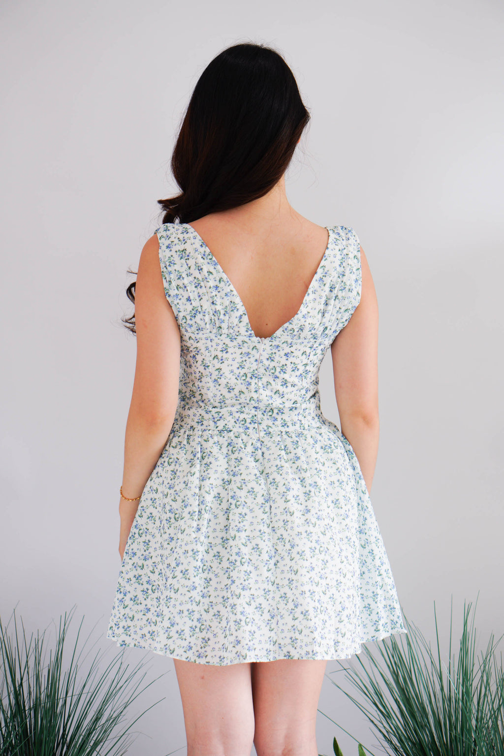 Aeriselle Floral V Neck Corset Mini Dress in Blue