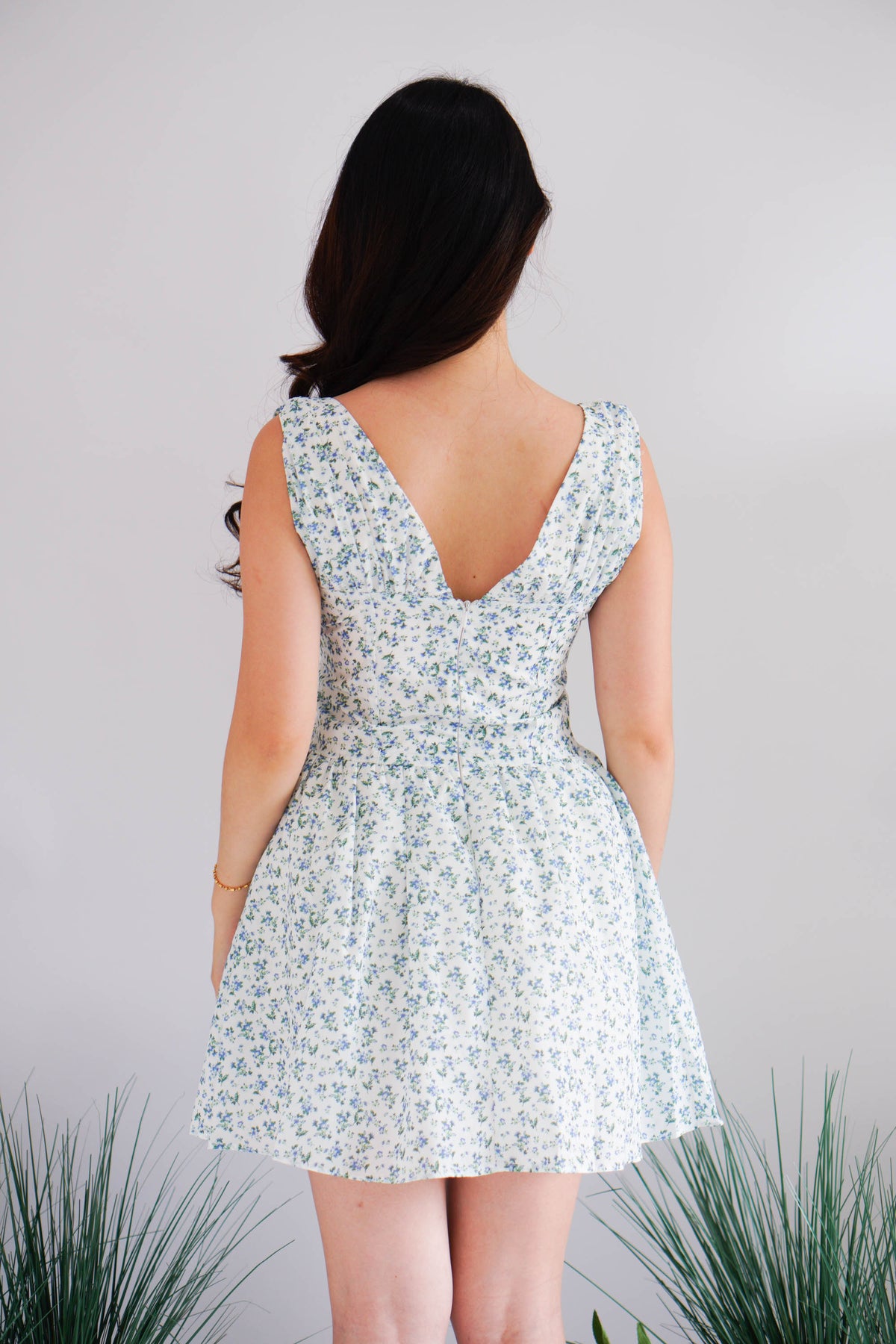Aeriselle Floral V Neck Corset Mini Dress in Blue
