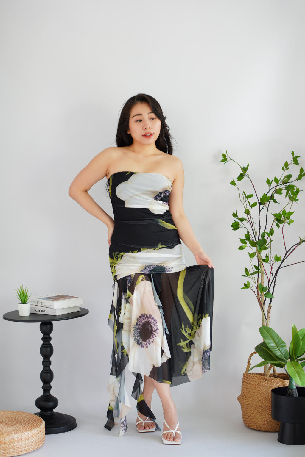 Petunia Tube Asymmetrical Floral Maxi Dress in Black
