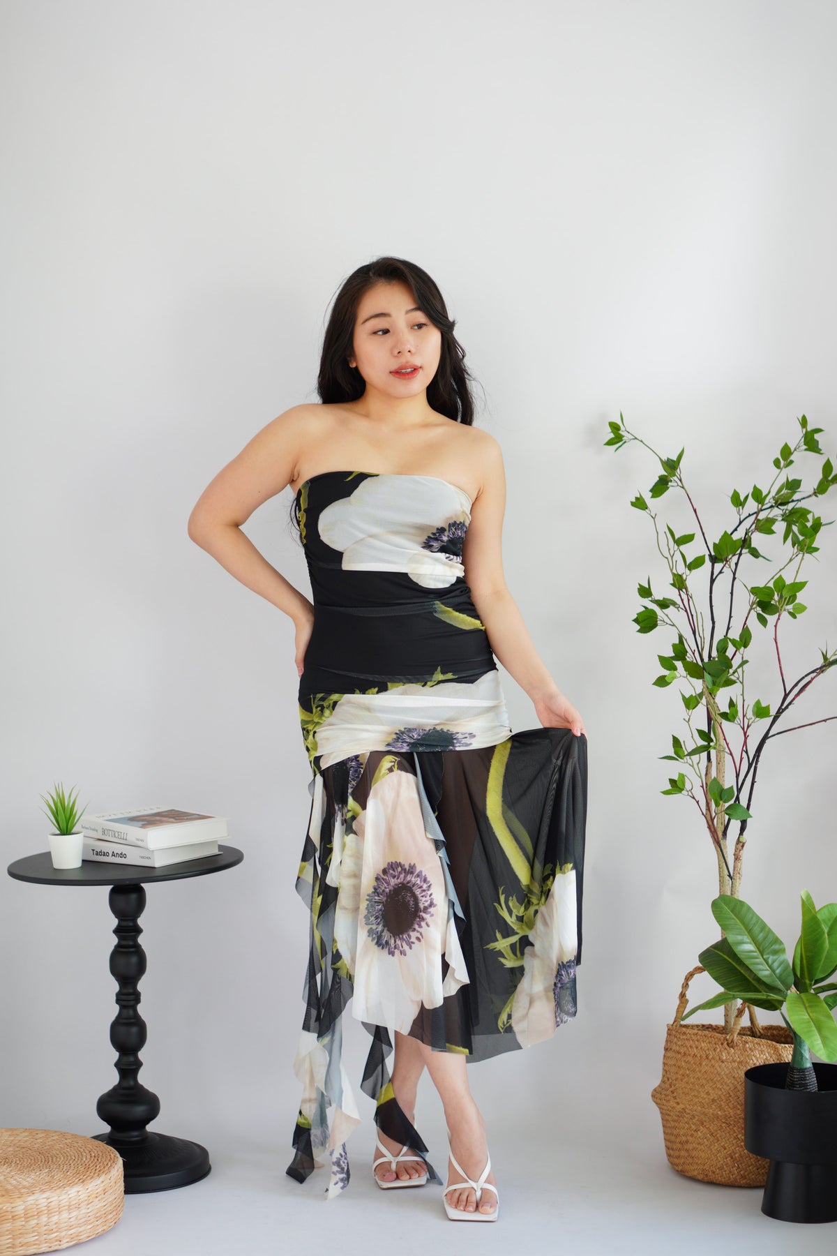 Petunia Tube Asymmetrical Floral Maxi Dress in Black