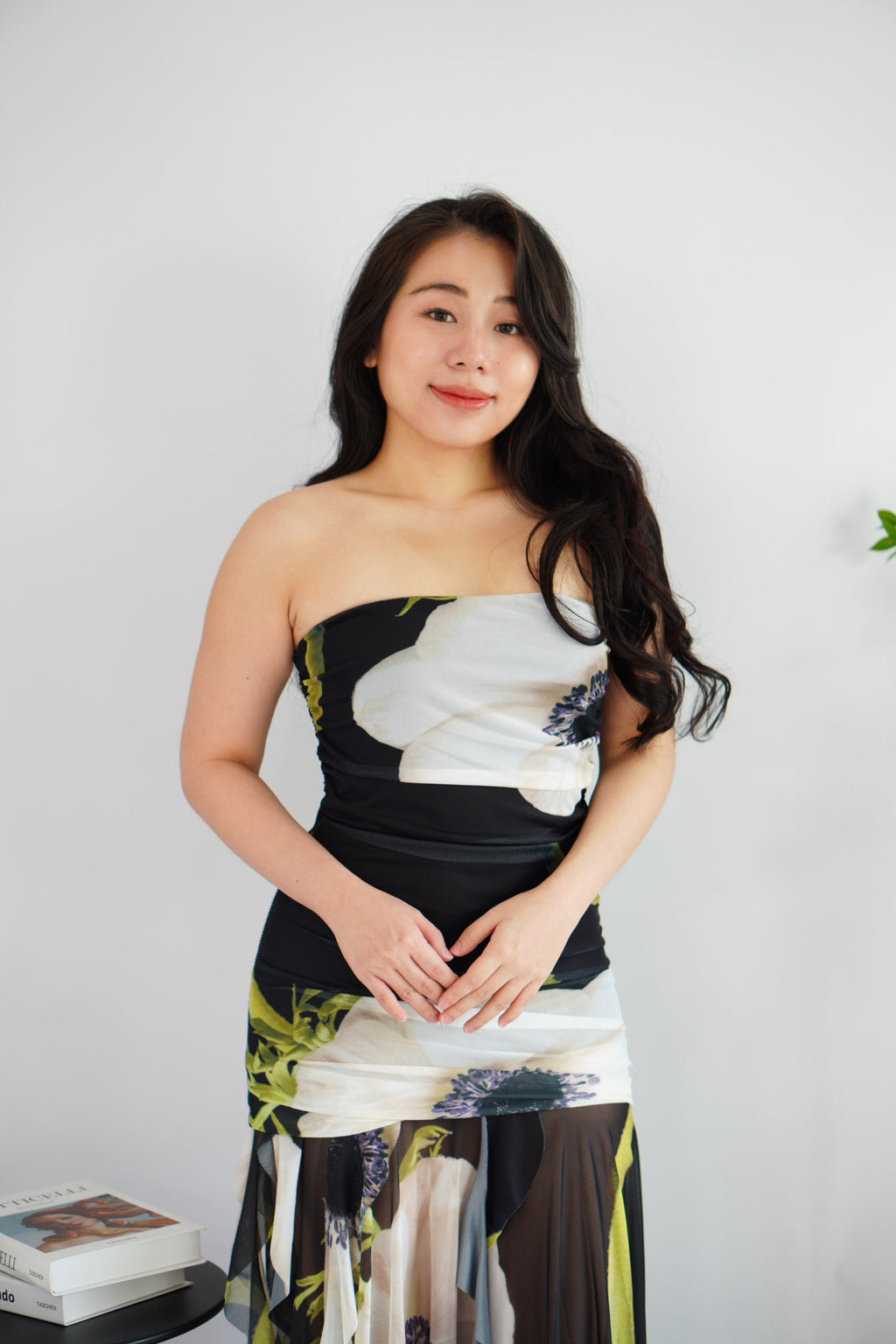 Petunia Tube Asymmetrical Floral Maxi Dress in Black
