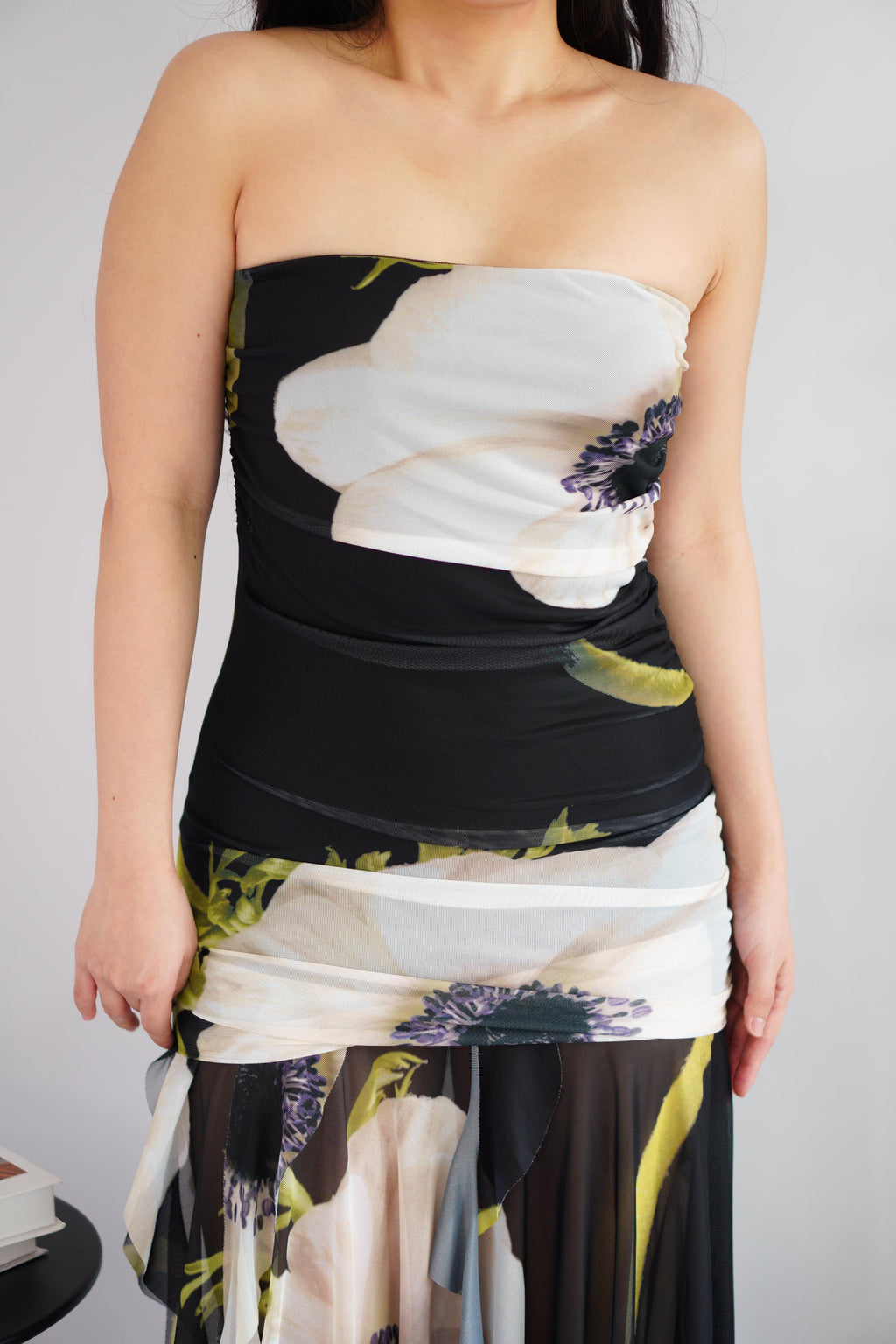 Petunia Tube Asymmetrical Floral Maxi Dress in Black