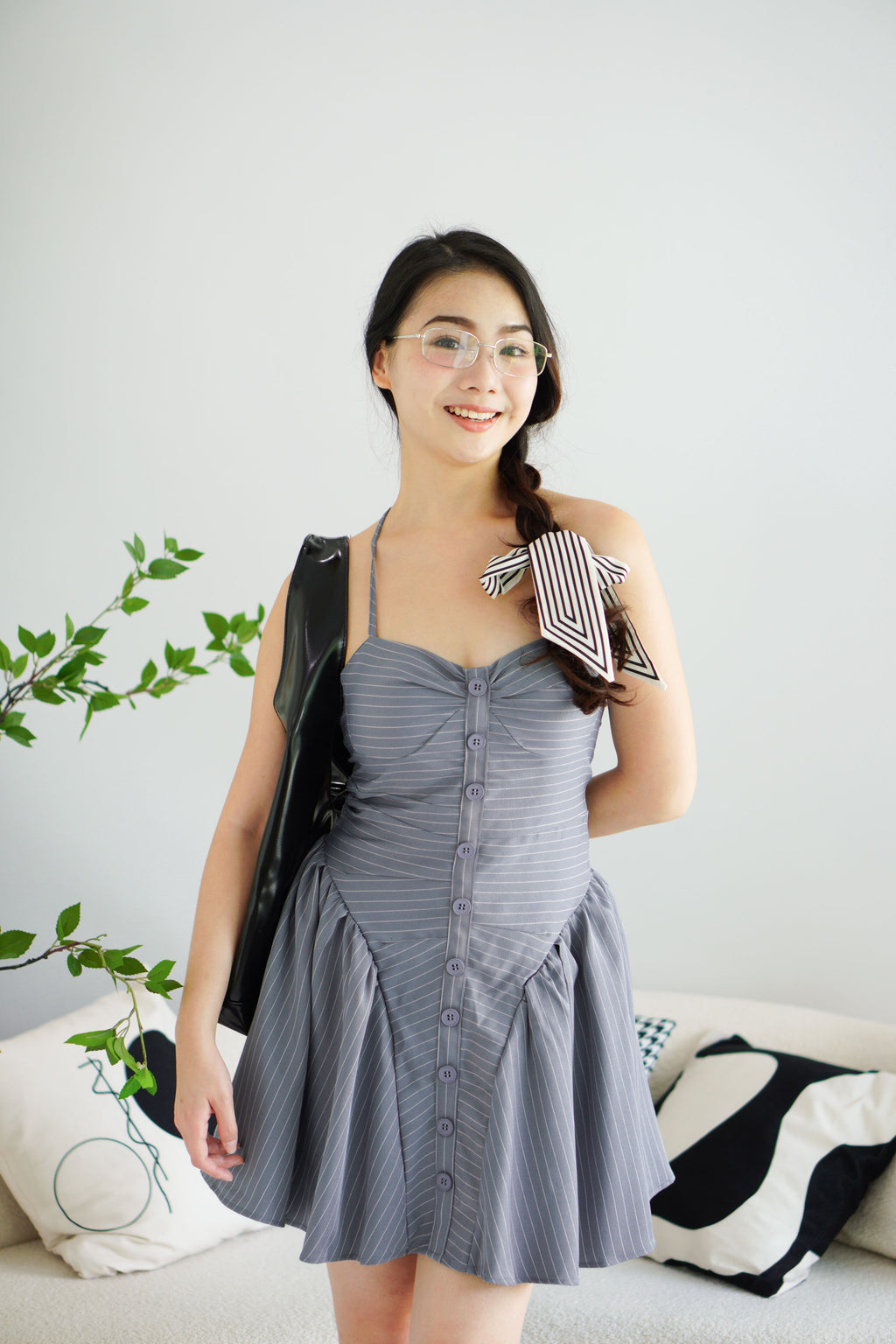 Colette Stripes Halter Neck Padded Bustier Mini Dress in Grey Blue
