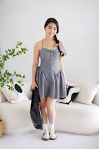 Colette Stripes Halter Neck Padded Bustier Mini Dress in Grey Blue