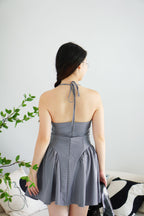 Colette Stripes Halter Neck Padded Bustier Mini Dress in Grey Blue