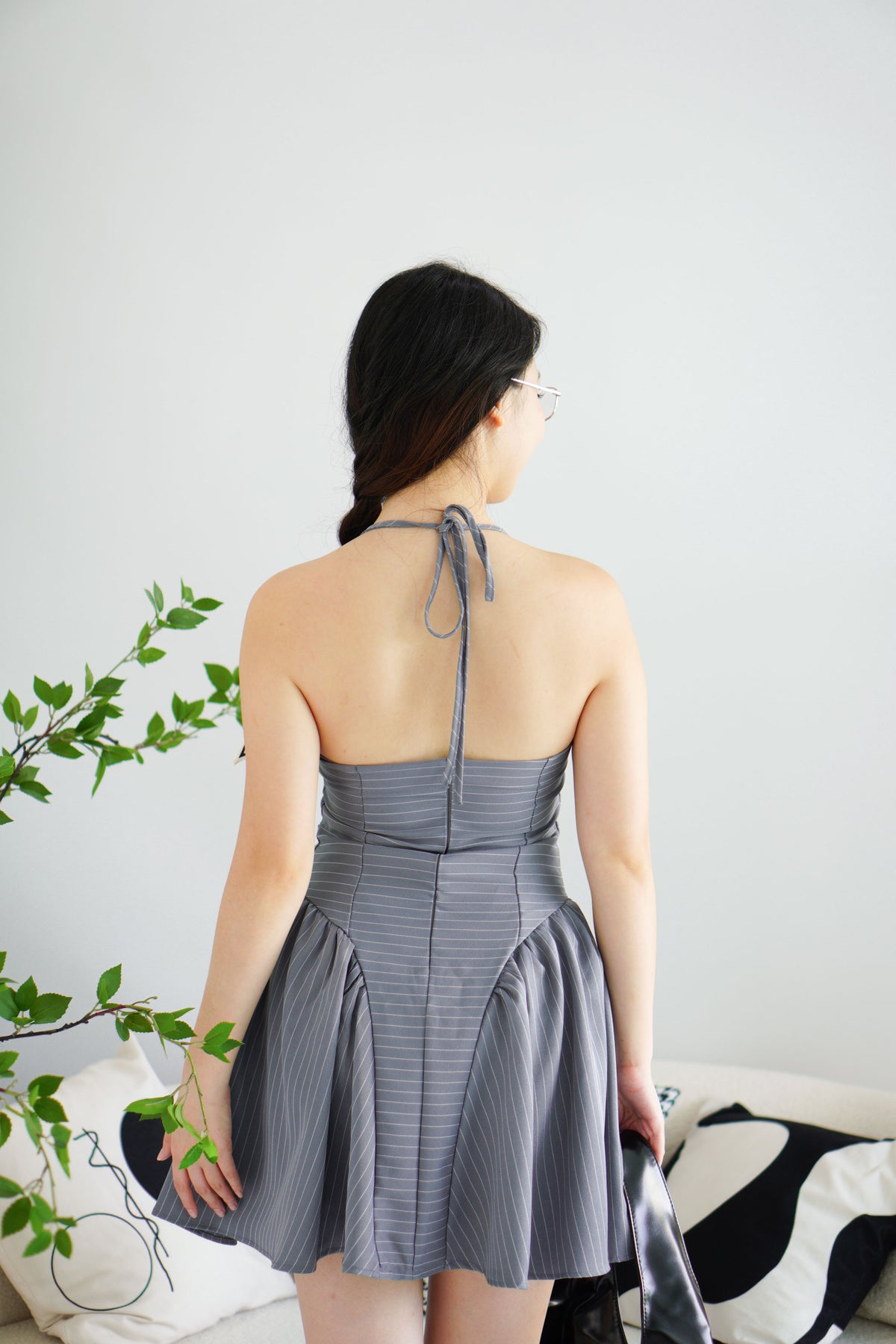 Colette Stripes Halter Neck Padded Bustier Mini Dress in Grey Blue