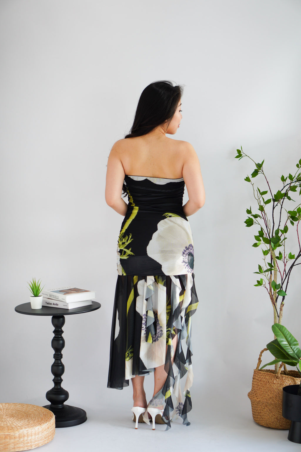 Petunia Tube Asymmetrical Floral Maxi Dress in Black