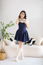 Colette Stripes Halter Neck Padded Bustier Mini Dress in Dark Blue