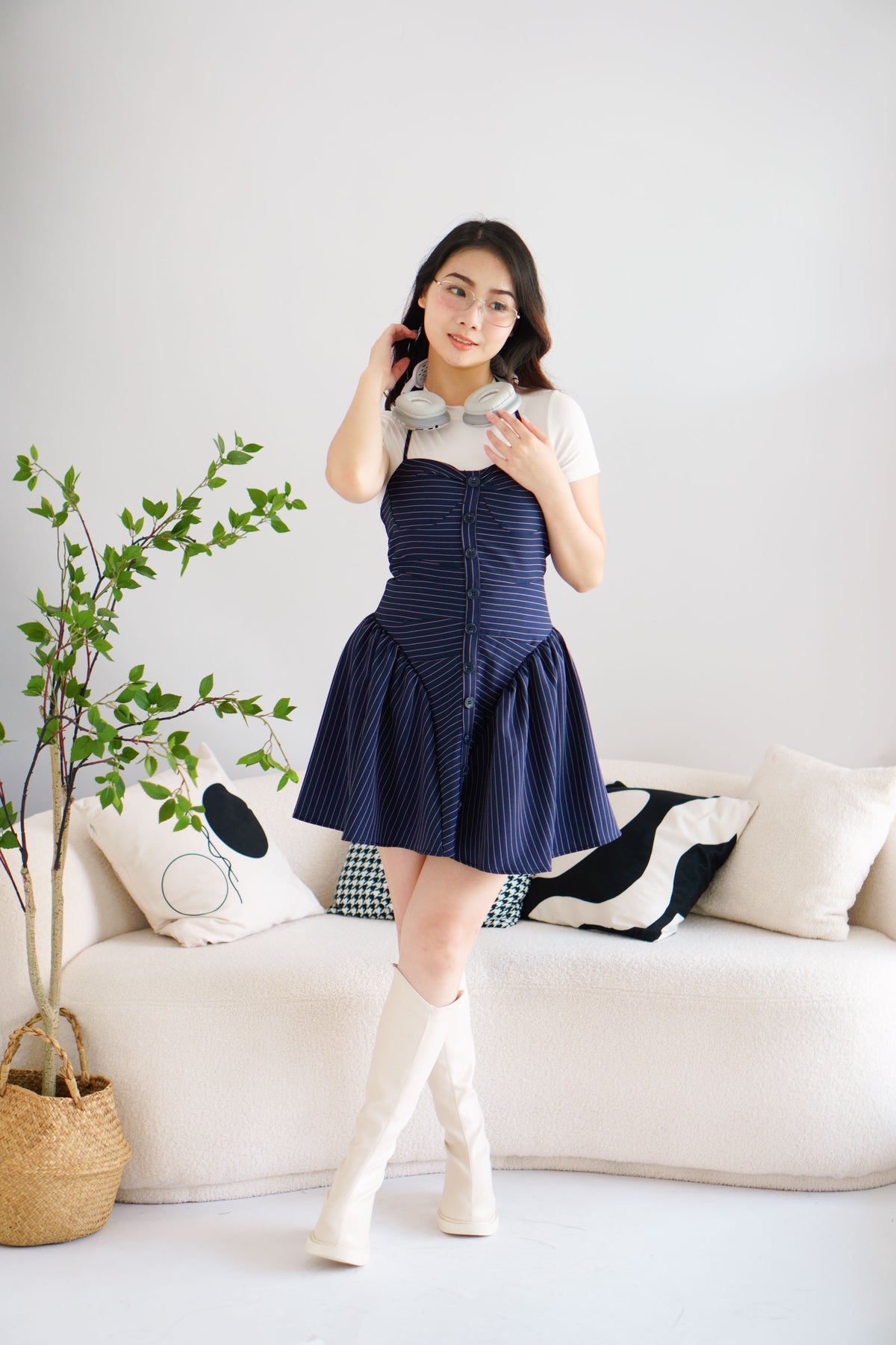 Colette Stripes Halter Neck Padded Bustier Mini Dress in Dark Blue