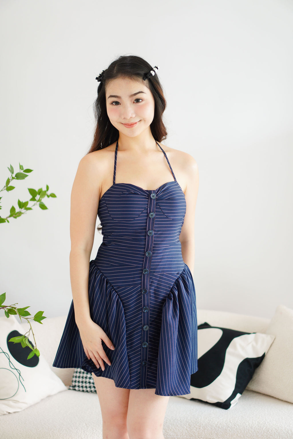 Colette Stripes Halter Neck Padded Bustier Mini Dress in Dark Blue