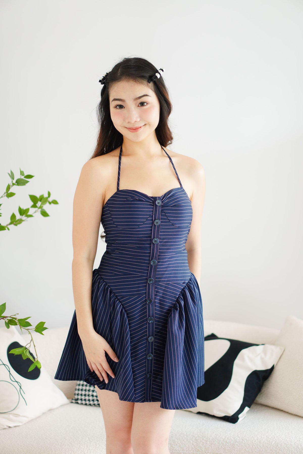 Colette Stripes Halter Neck Padded Bustier Mini Dress in Dark Blue