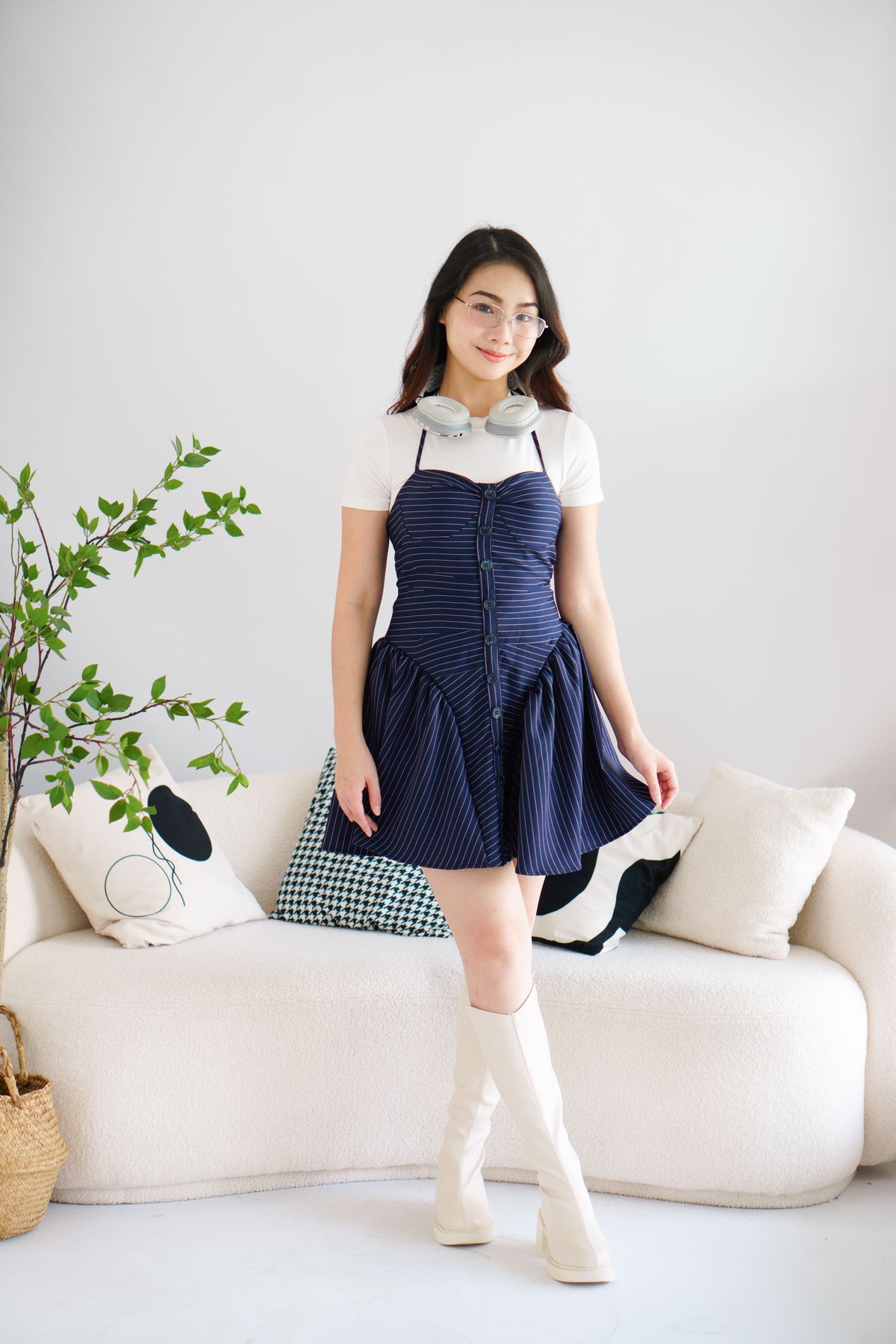Colette Stripes Halter Neck Padded Bustier Mini Dress in Dark Blue