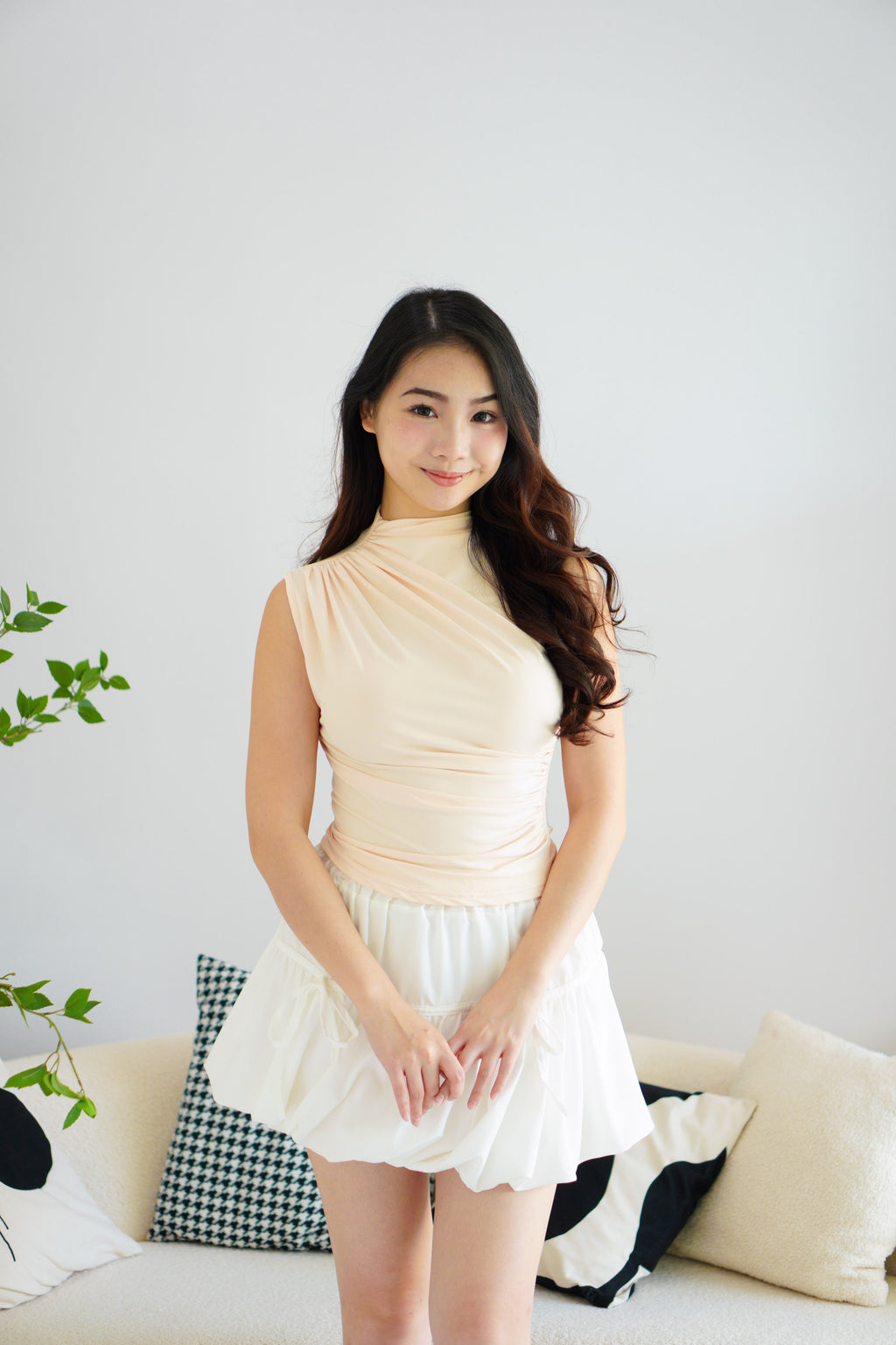 (BACKORDER) Gia Ruched High Neck Top in Beige