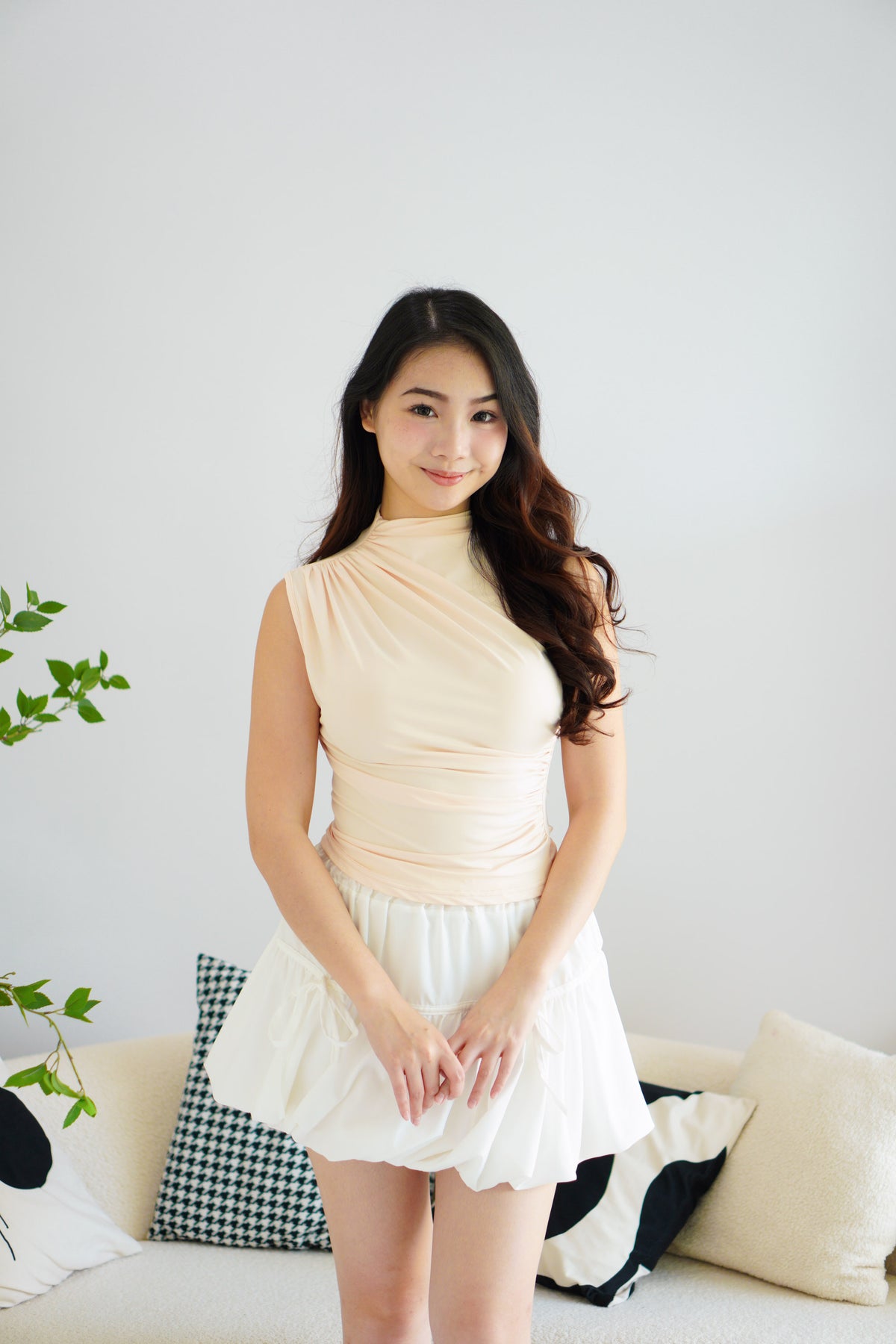 (BACKORDER) Gia Ruched High Neck Top in Beige