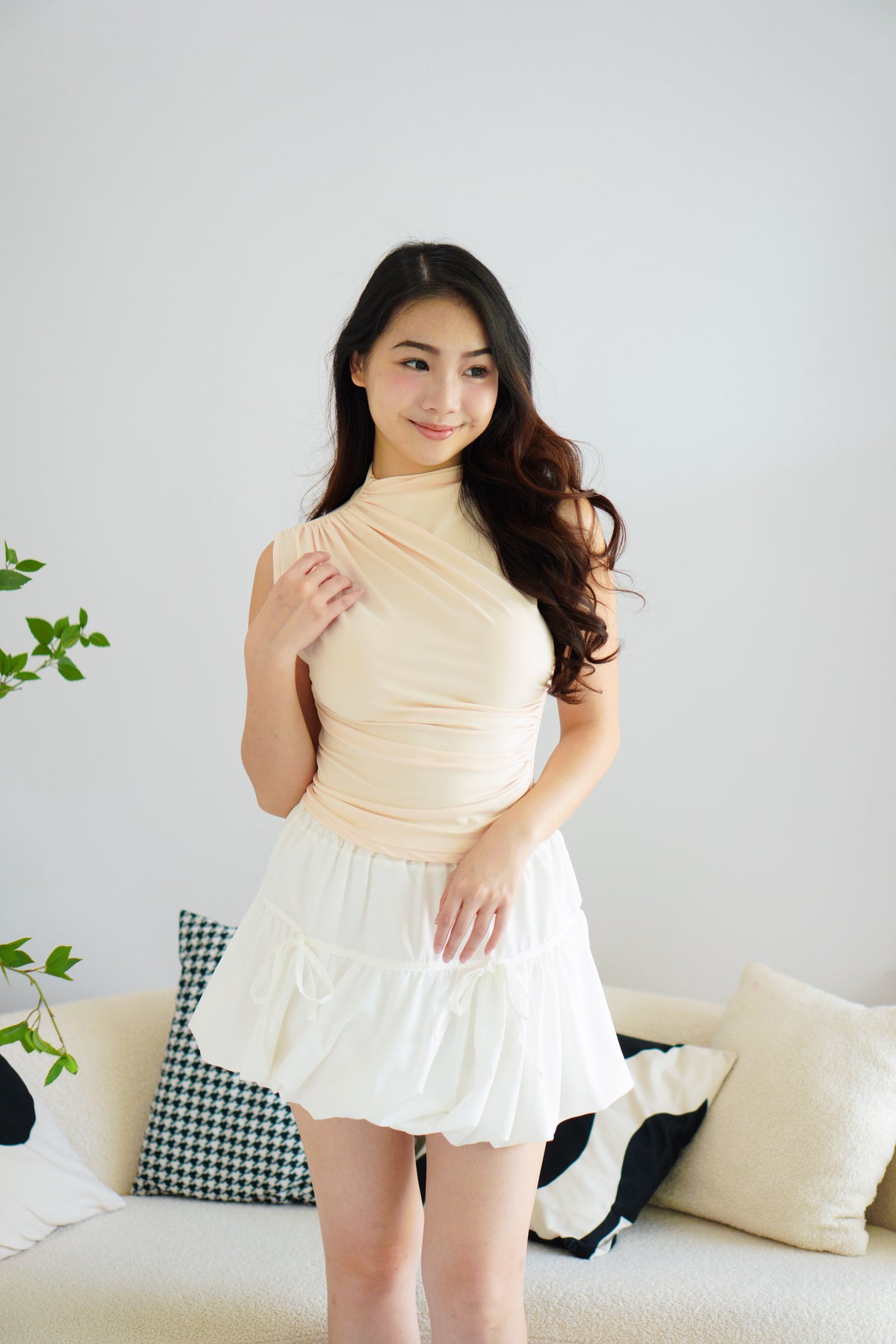 (BACKORDER) Gia Ruched High Neck Top in Beige