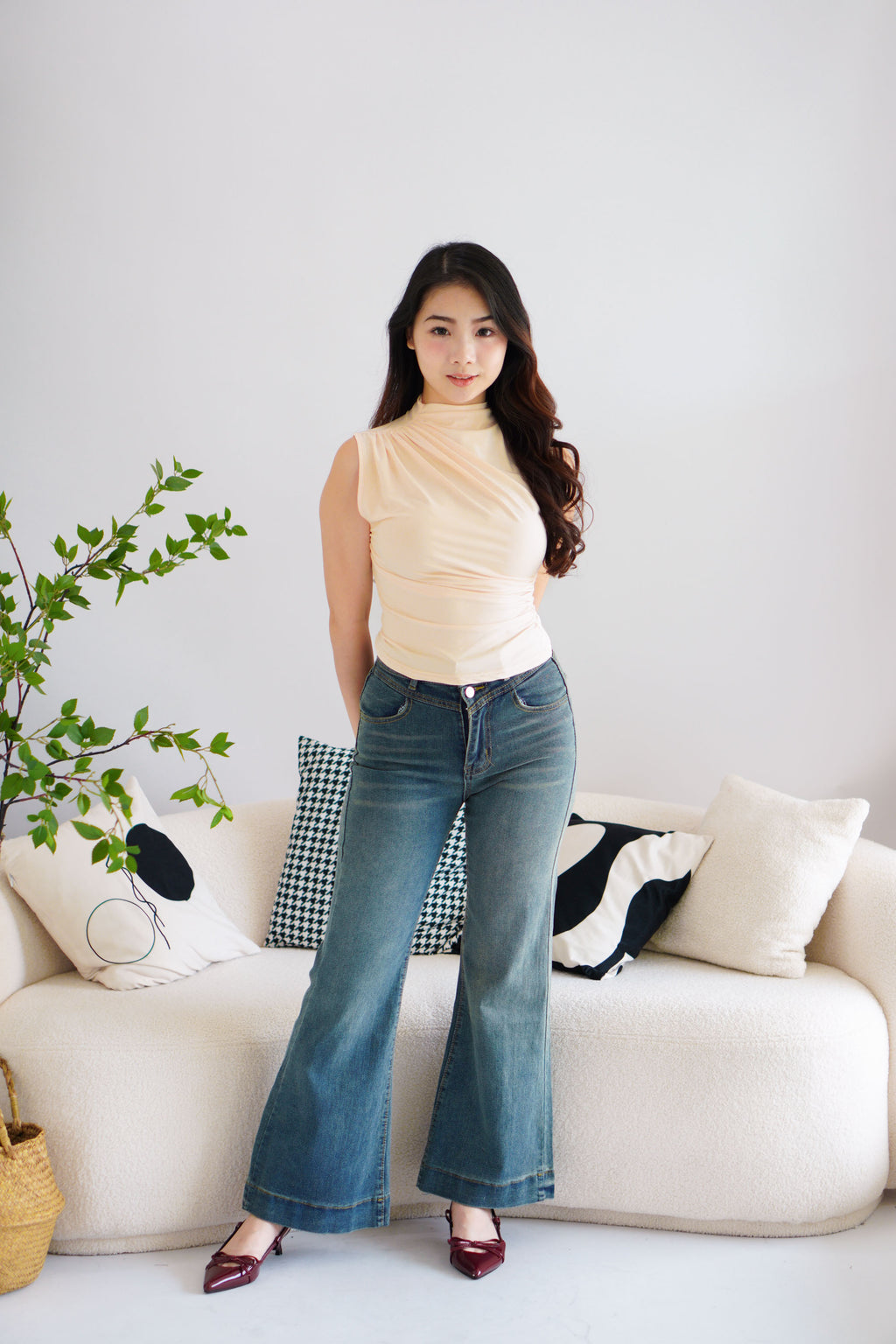 (BACKORDER) Gia Ruched High Neck Top in Beige