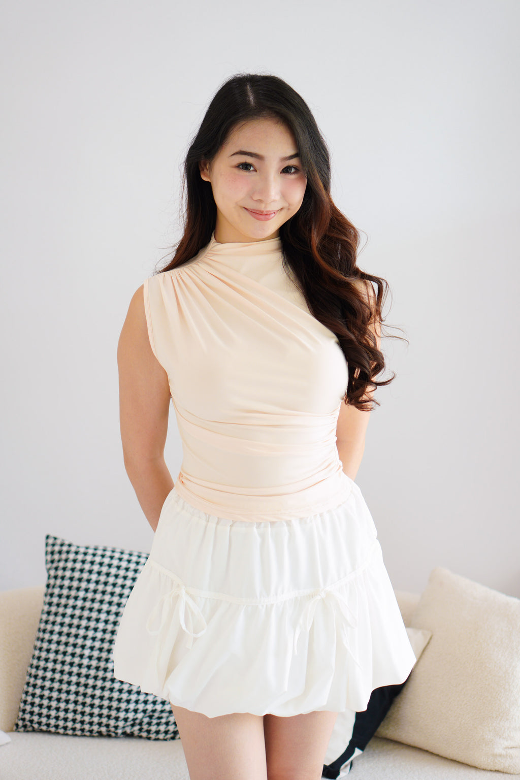 (BACKORDER) Gia Ruched High Neck Top in Beige