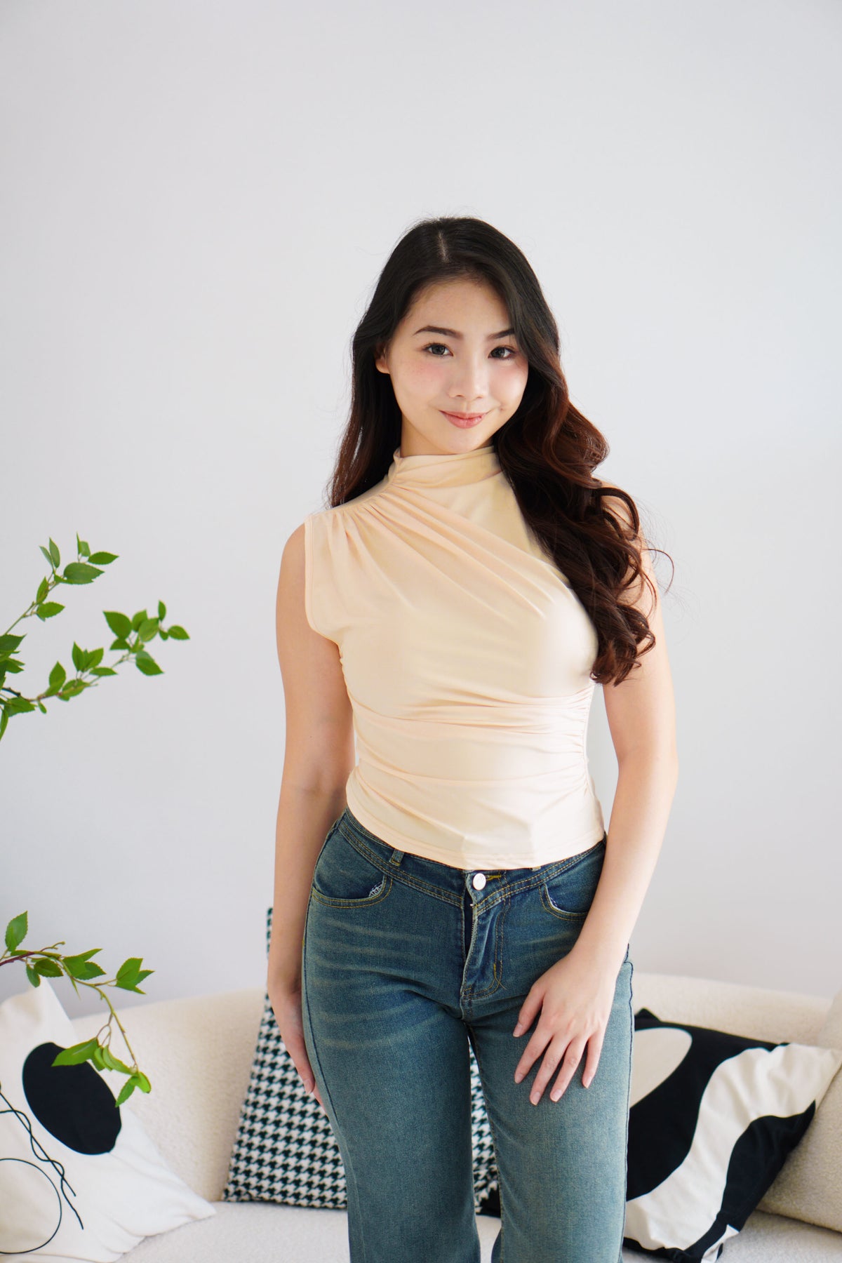 (BACKORDER) Gia Ruched High Neck Top in Beige