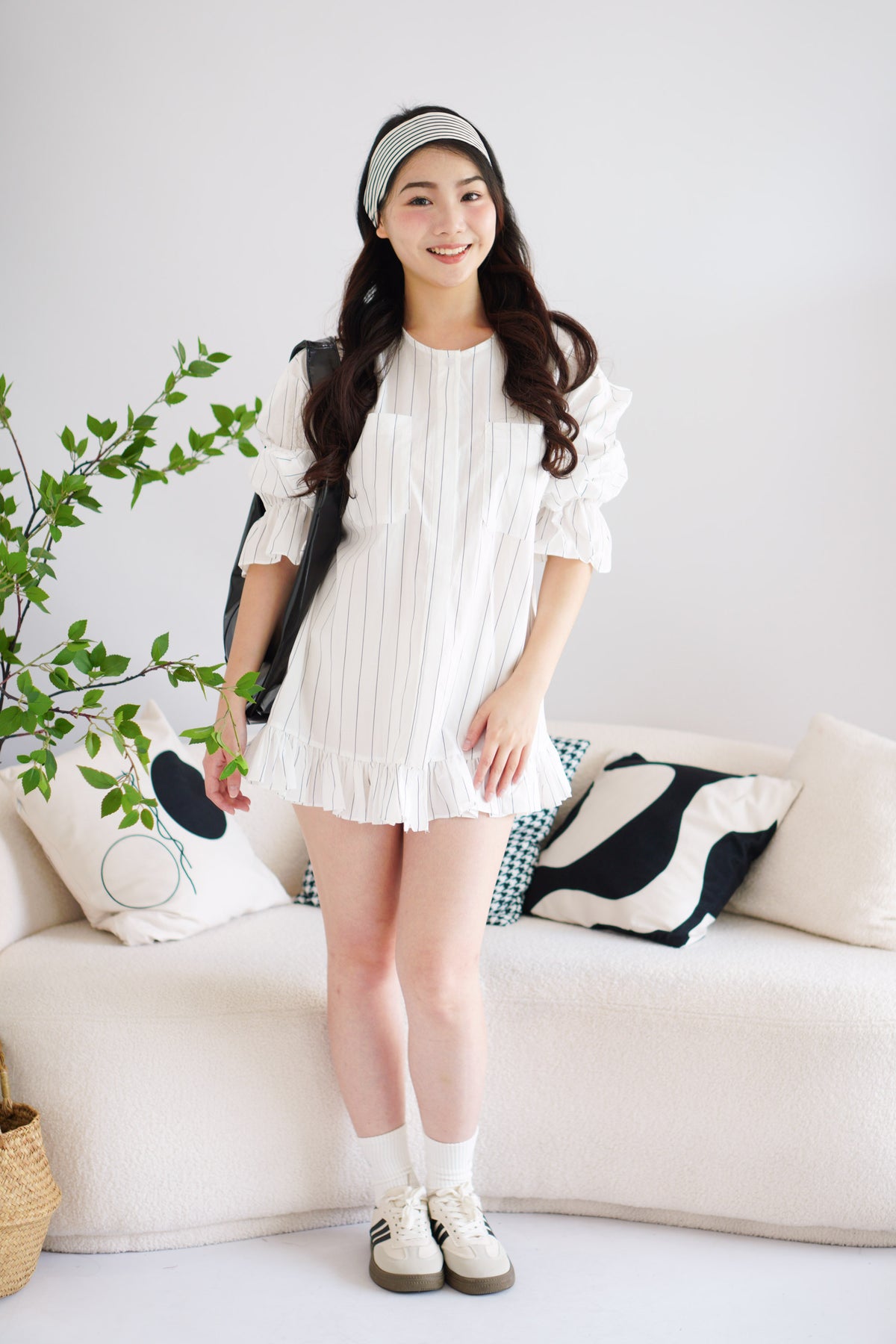 (BACKORDER) Julisa Oversized Stripes Mini Ruffles Dress in White