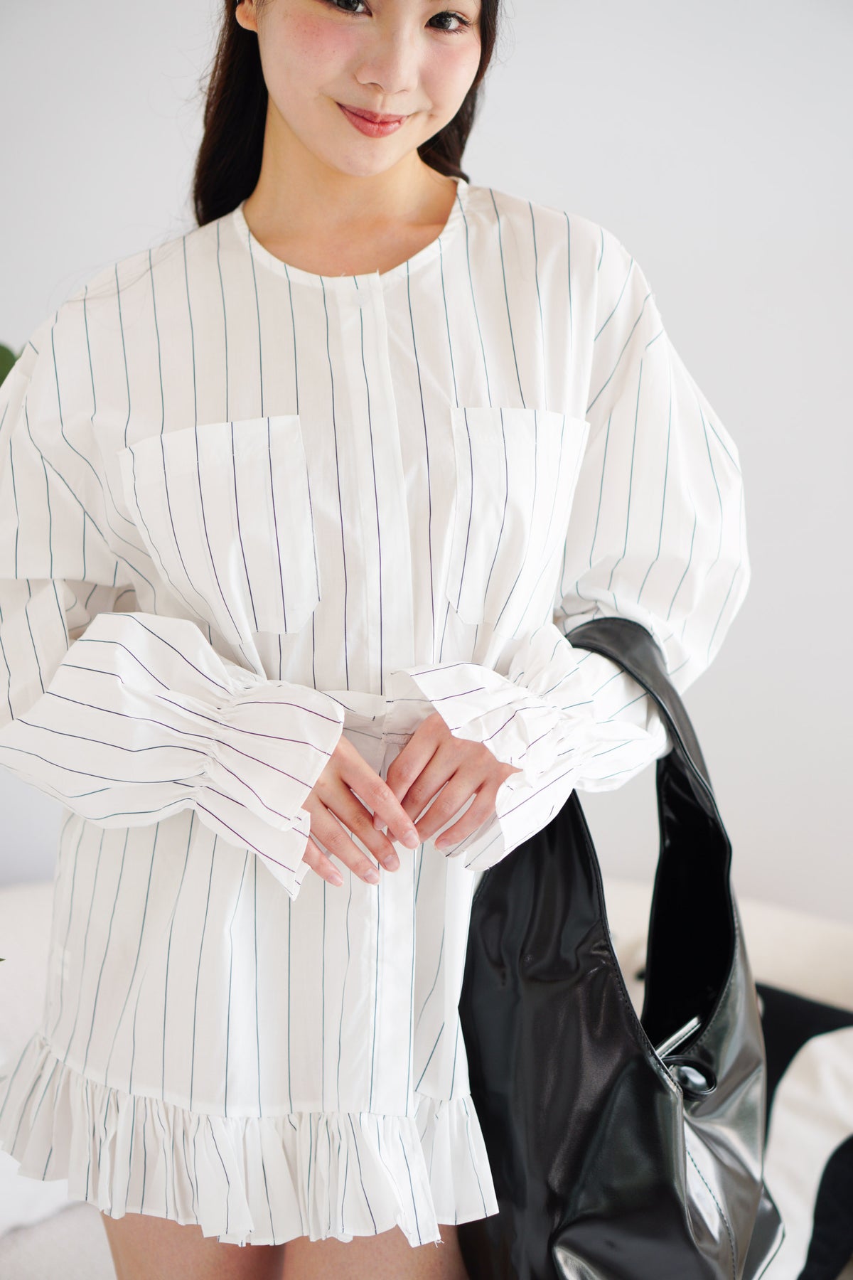 (BACKORDER) Julisa Oversized Stripes Mini Ruffles Dress in White