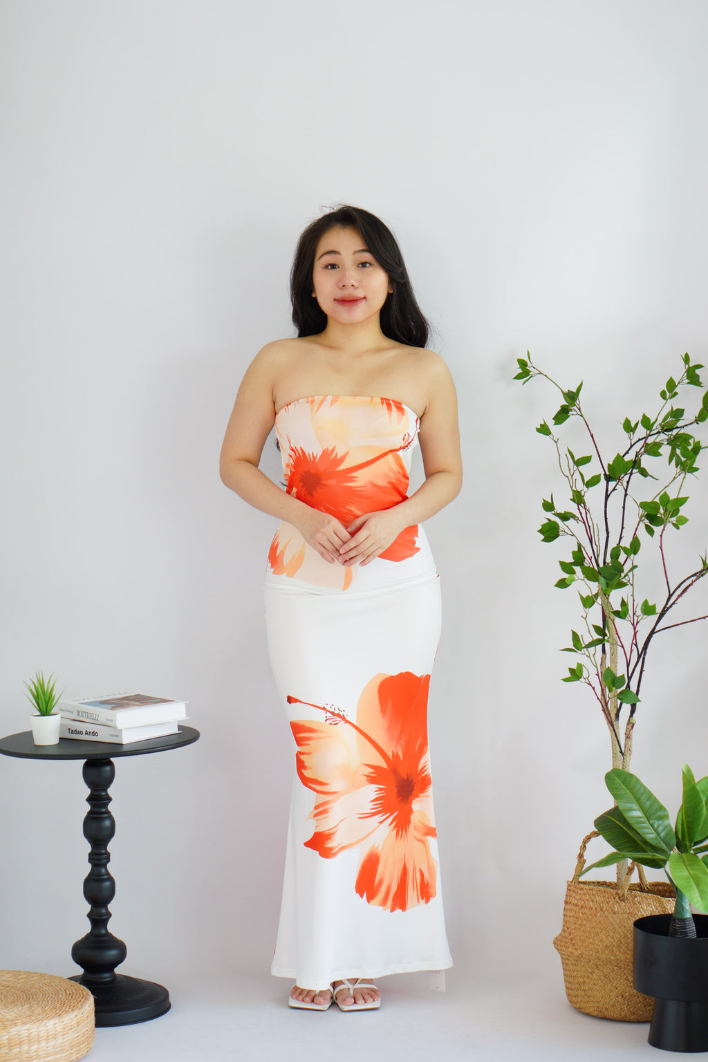 Azure Blooming Floral Printed Maxi Tube Dress in White