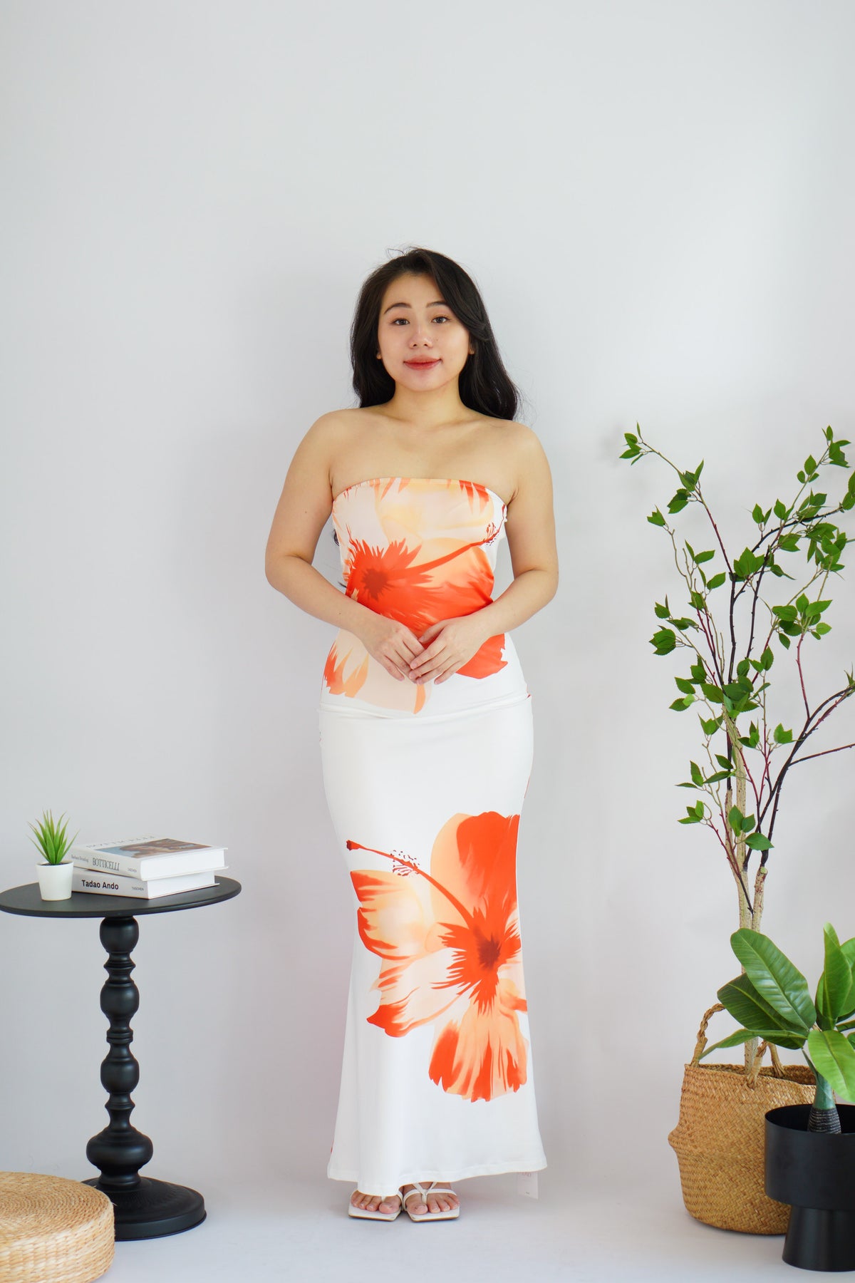 Azure Blooming Floral Printed Maxi Tube Dress in White