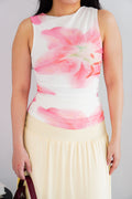 Liliana Floral High Neck Ruched Top in White and Pink Green