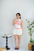 Liliana Floral High Neck Ruched Top in White and Pink Green