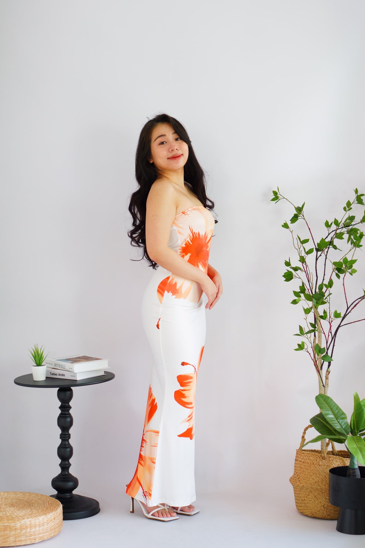 Azure Blooming Floral Printed Maxi Tube Dress in White