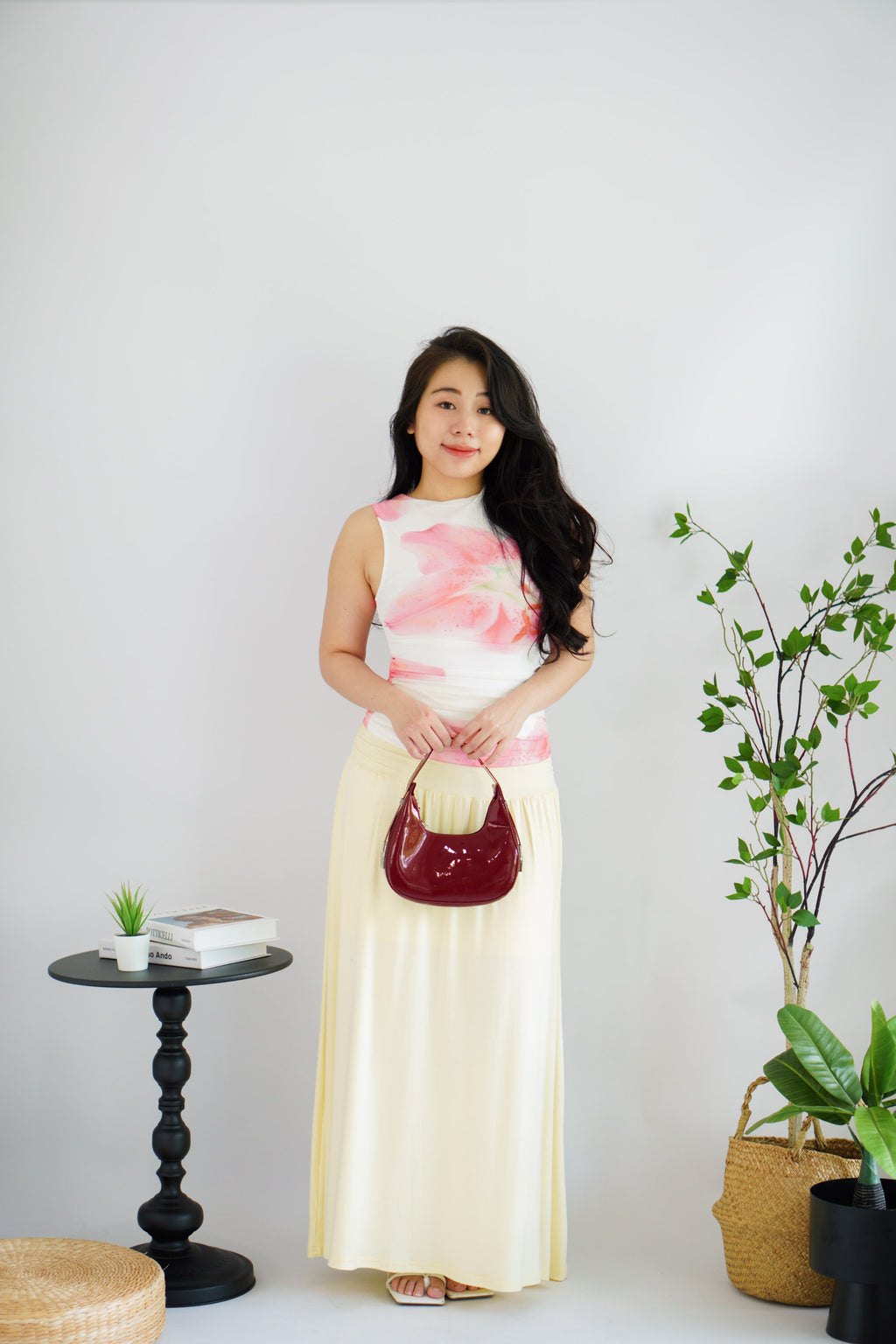 Liliana Floral High Neck Ruched Top in White and Pink Green
