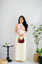 Liliana Floral High Neck Ruched Top in White and Pink Green