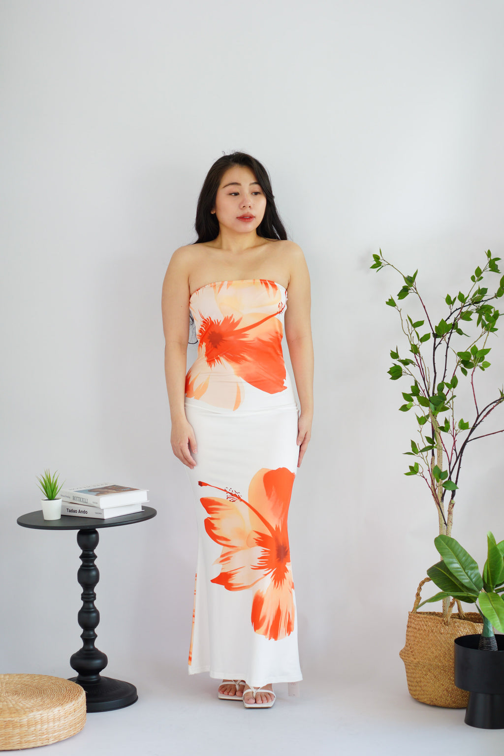 Azure Blooming Floral Printed Maxi Tube Dress in White