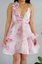 Blosselle Floral Ruffles Layered Crossback Dress in Pink Purple