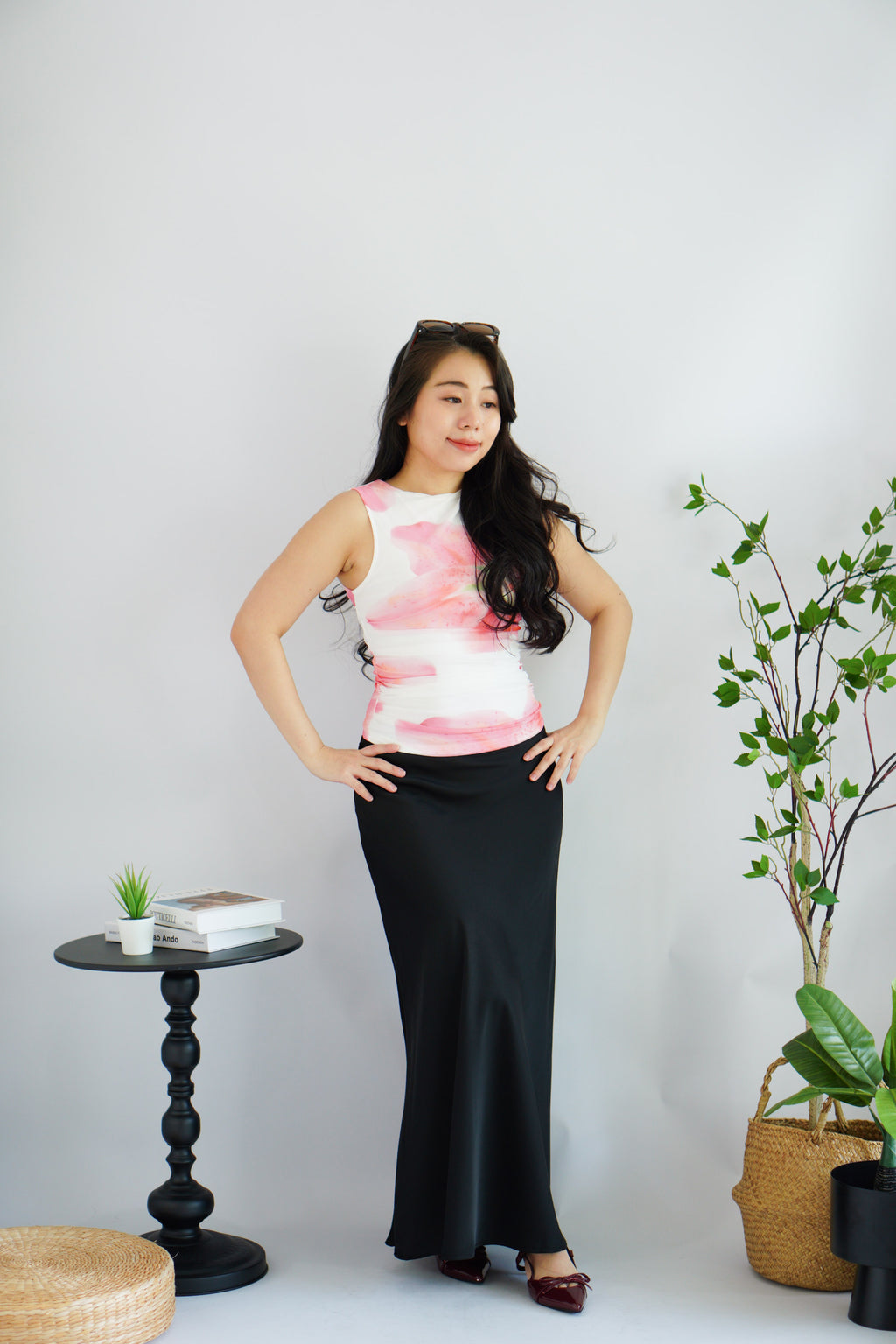 Liliana Floral High Neck Ruched Top in White and Pink Green