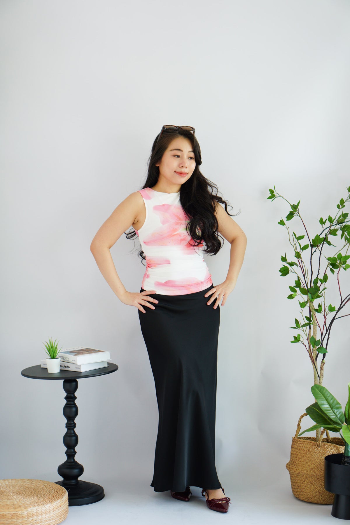 Liliana Floral High Neck Ruched Top in White and Pink Green