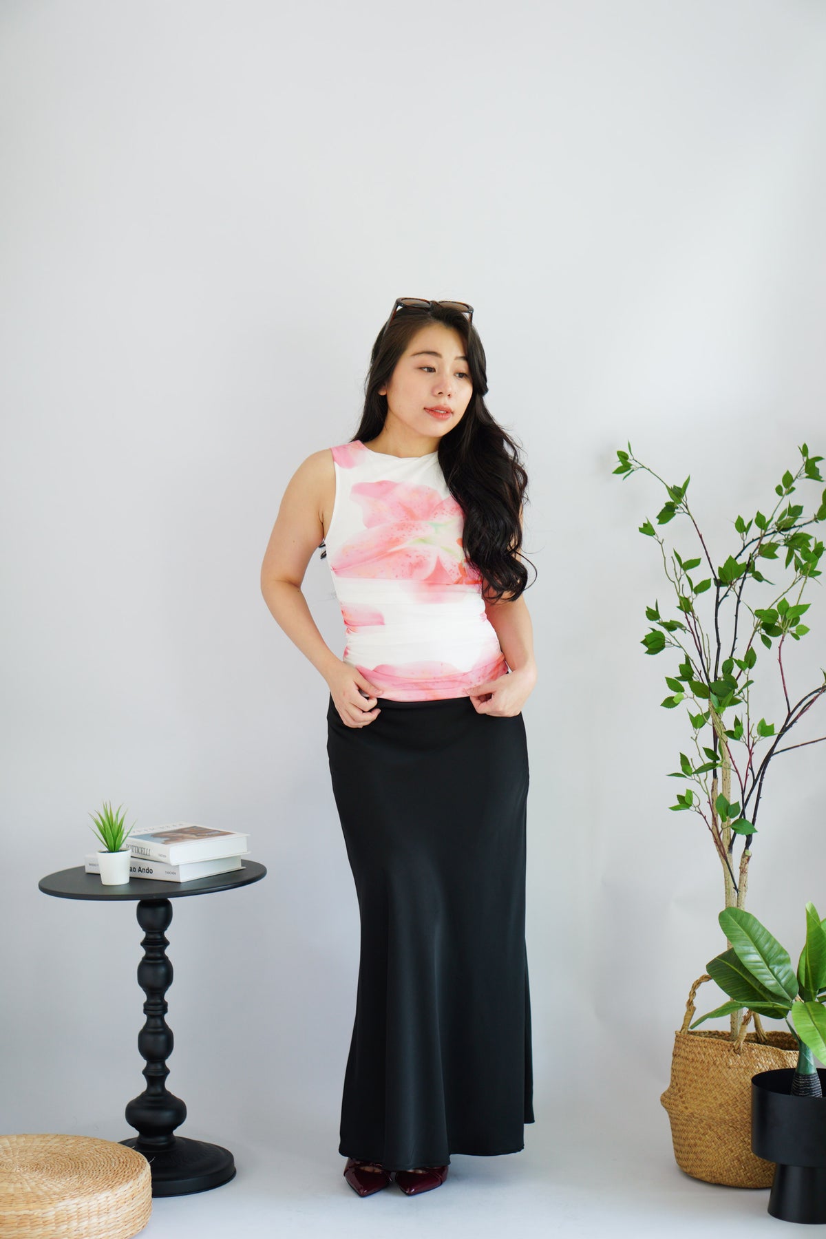 Liliana Floral High Neck Ruched Top in White and Pink Green