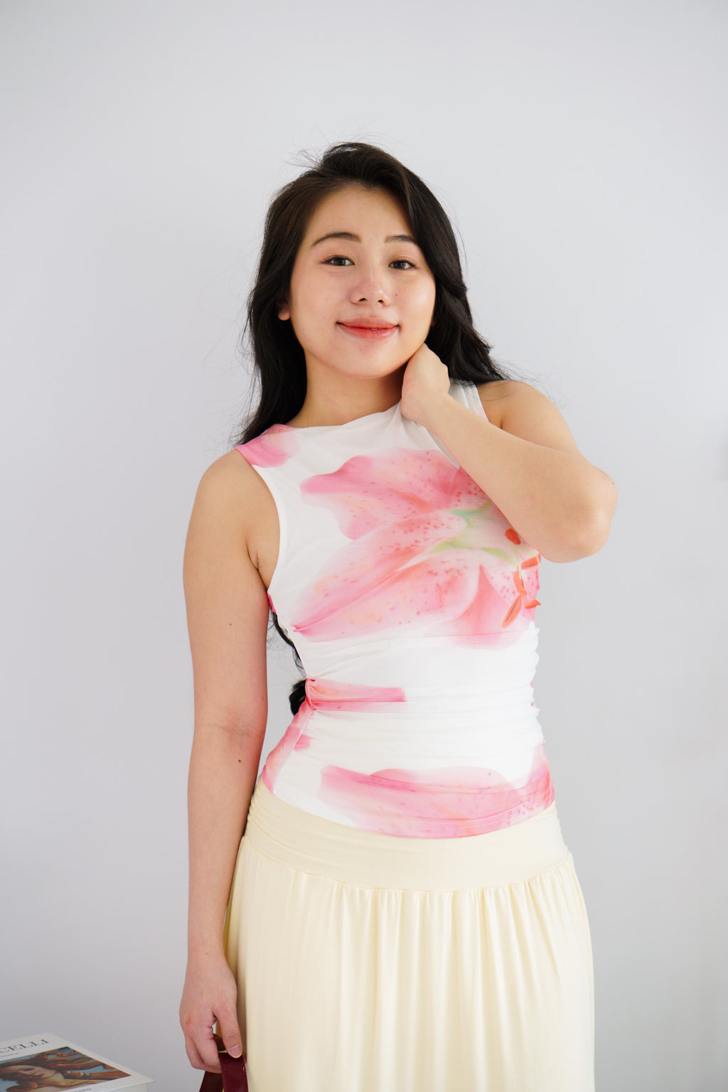 Liliana Floral High Neck Ruched Top in White and Pink Green