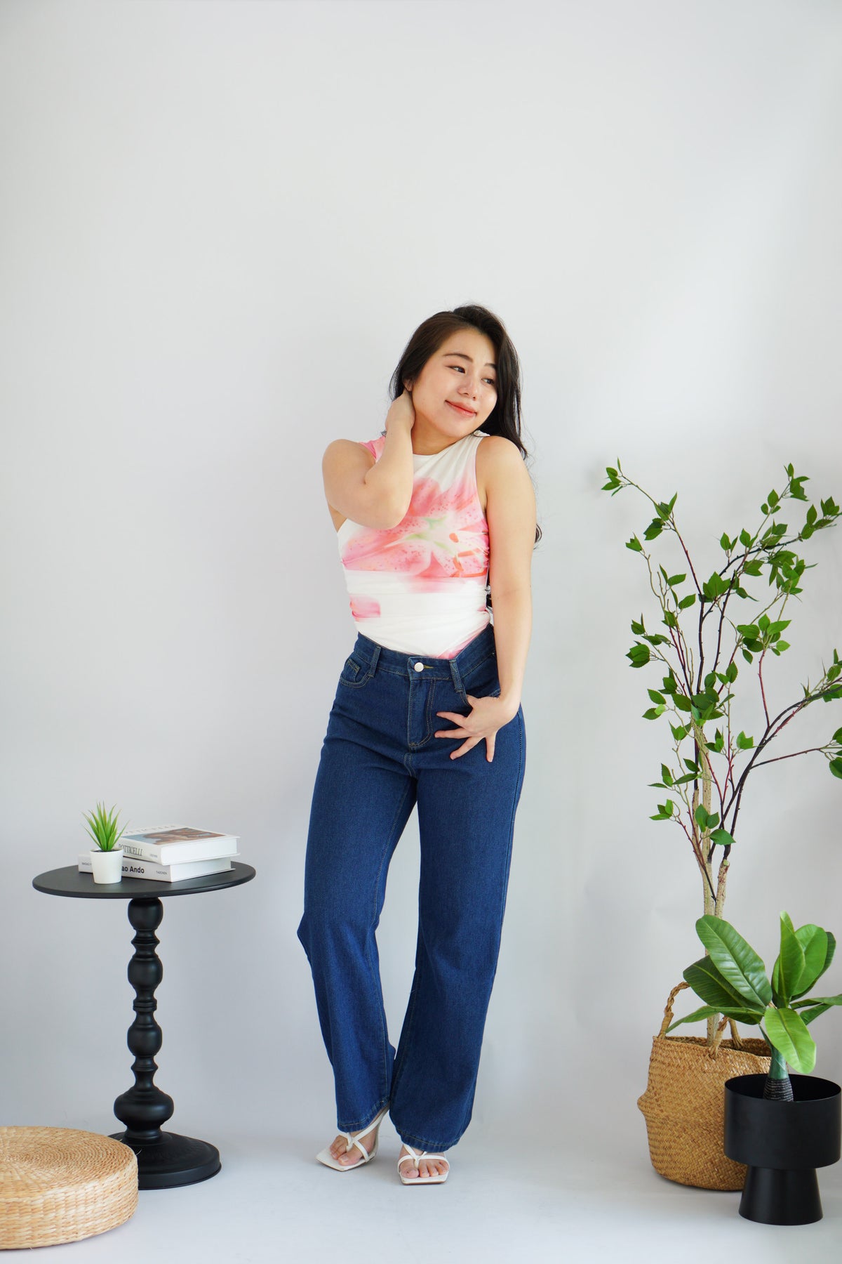 Liliana Floral High Neck Ruched Top in White and Pink Green